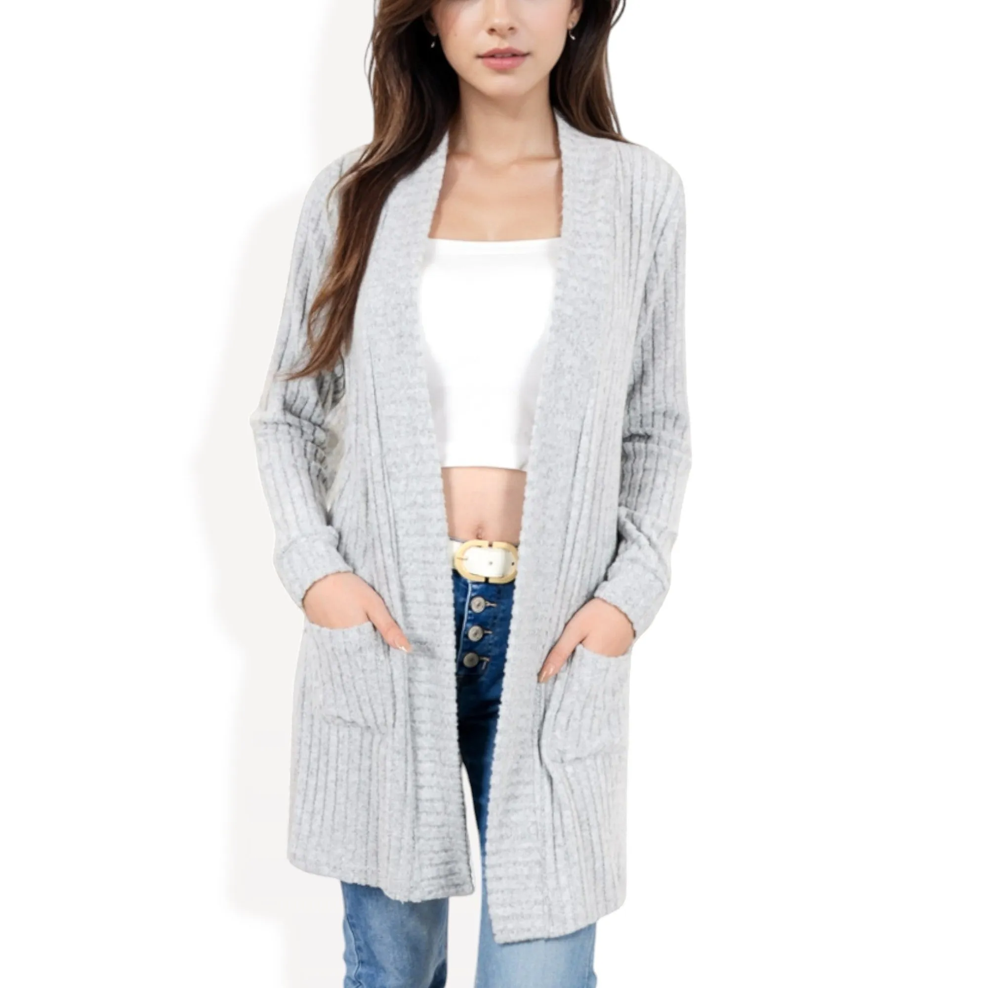 Anna-Kaci Women's Open Front Ribbed Knit Cardigan with Front Pockets sold by Anna-Kaci