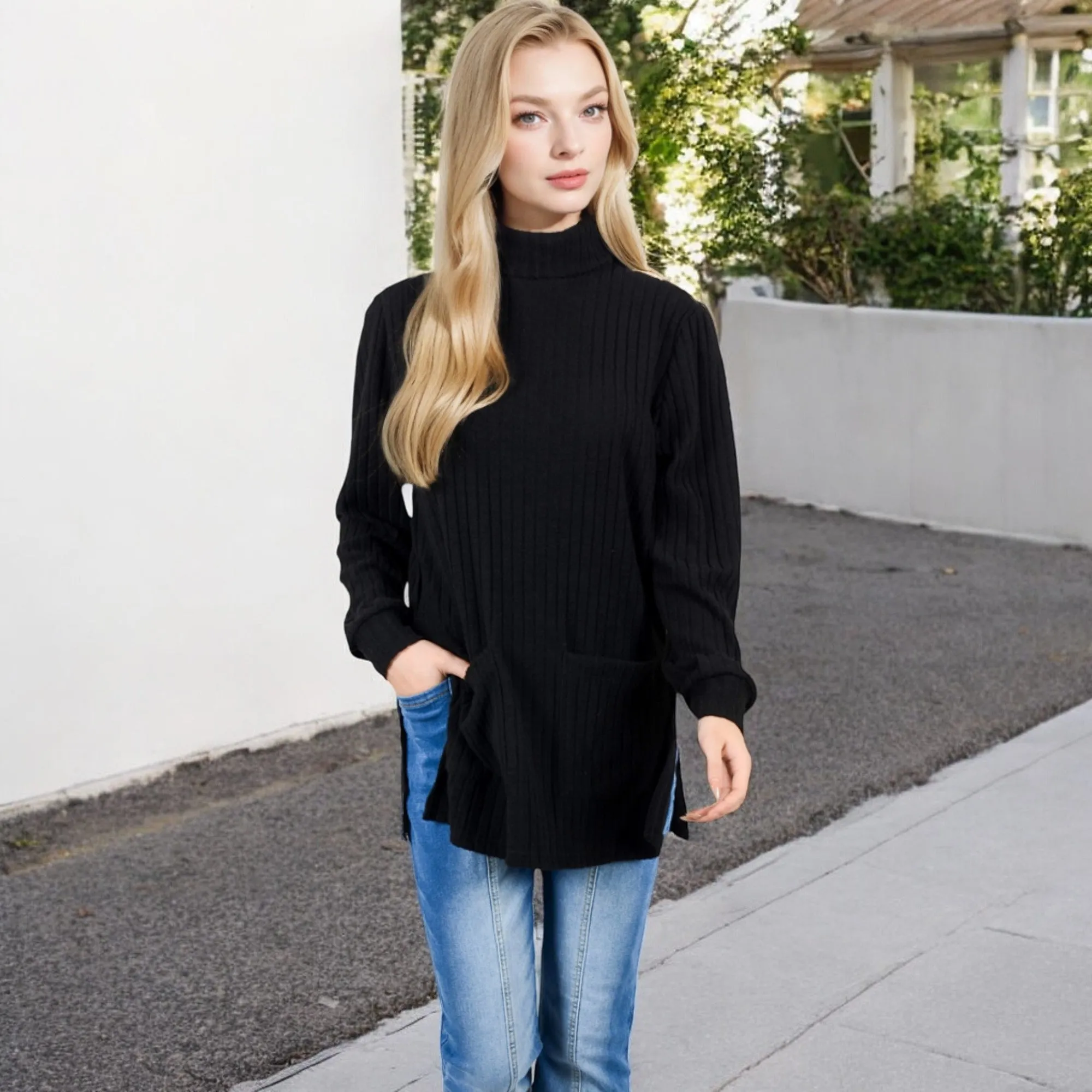 Anna-Kaci Women's Ribbed Knit Turtleneck Tunic Sweater with Front Pockets sold by Anna-Kaci product image thumbnail 4