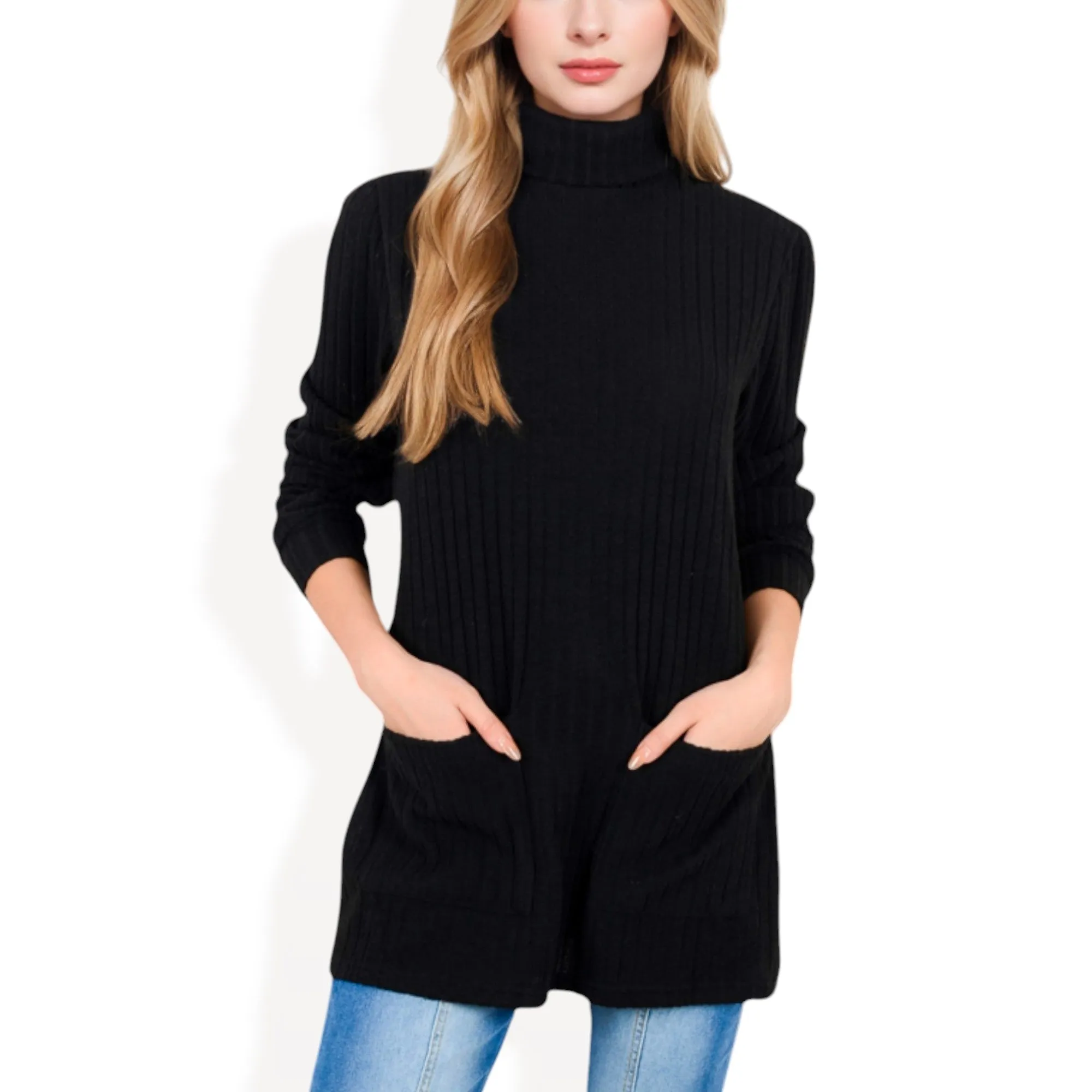 Anna-Kaci Women's Ribbed Knit Turtleneck Tunic Sweater with Front Pockets sold by Anna-Kaci
