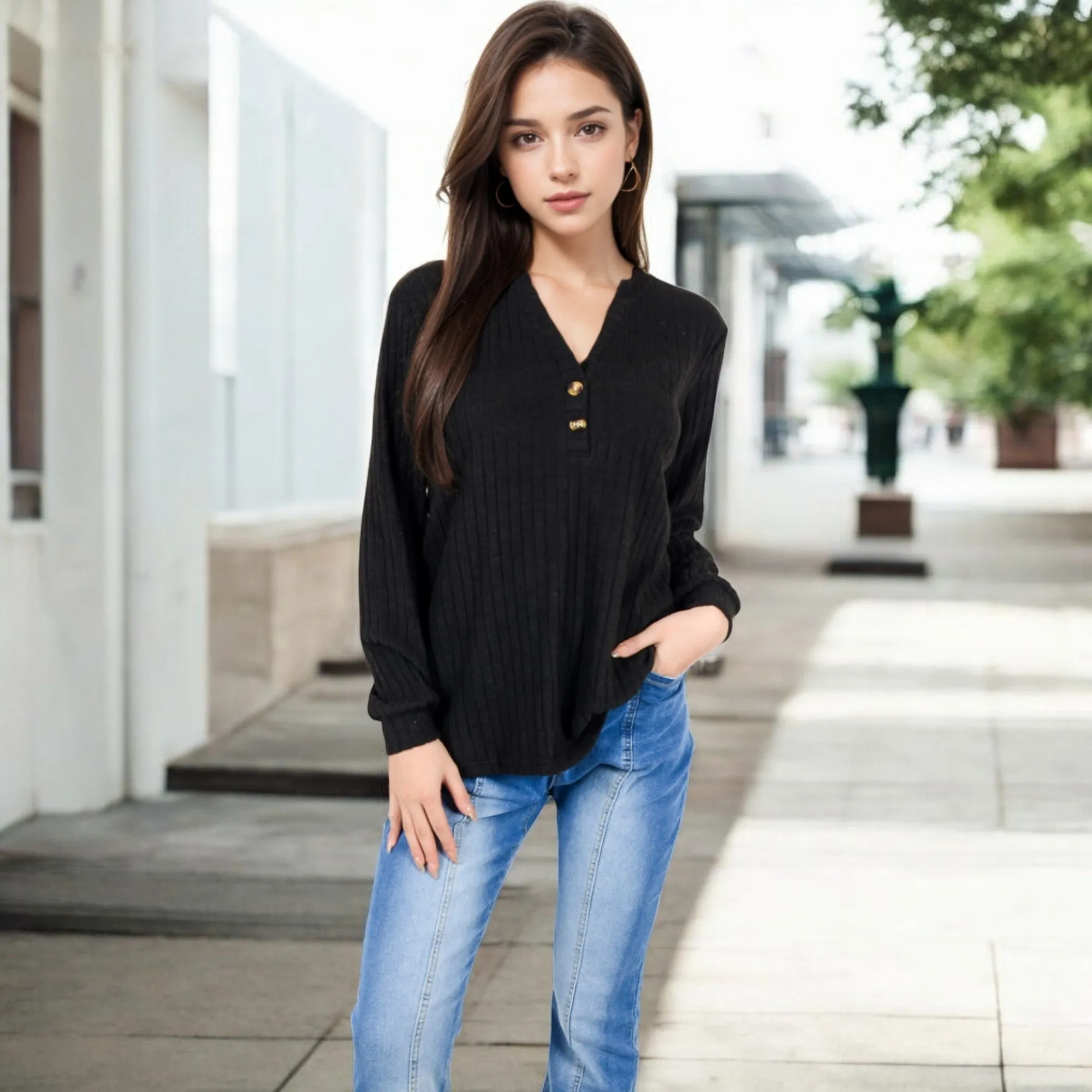 Anna-Kaci Women's V-Neck Ribbed Knit Long Sleeve Top with Button Detail sold by Anna-Kaci product image thumbnail 4