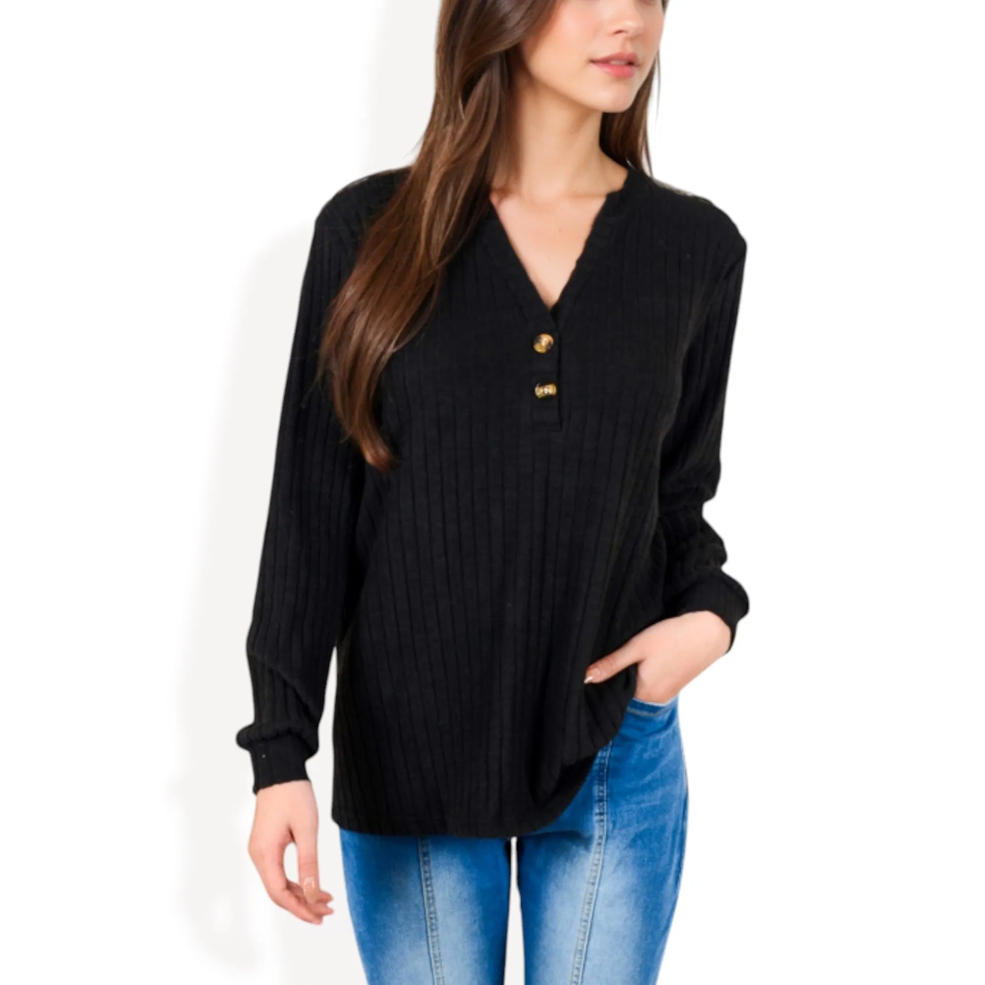 Anna-Kaci Women's V-Neck Ribbed Knit Long Sleeve Top with Button Detail sold by Anna-Kaci