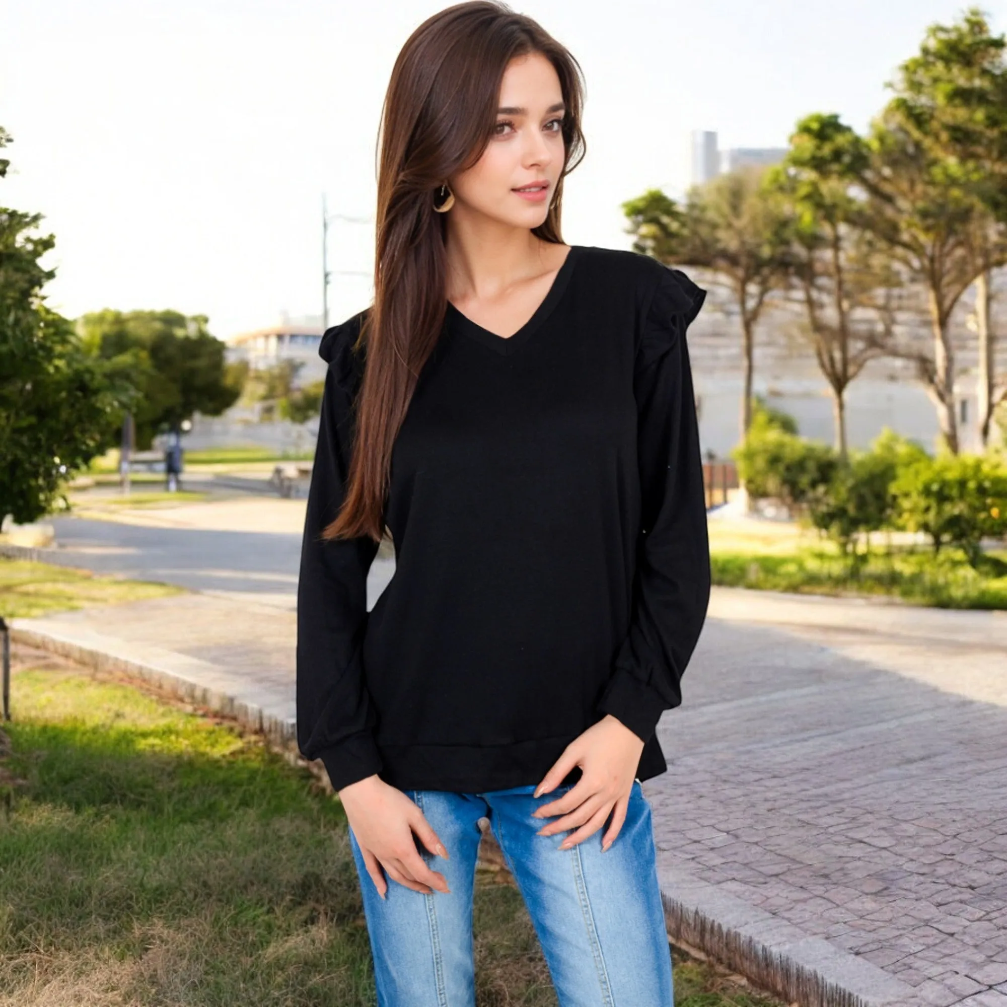 Anna-Kaci Women's Long Sleeve V-Neck Top with Ruffled Shoulder Detail sold by Anna-Kaci product image thumbnail 4