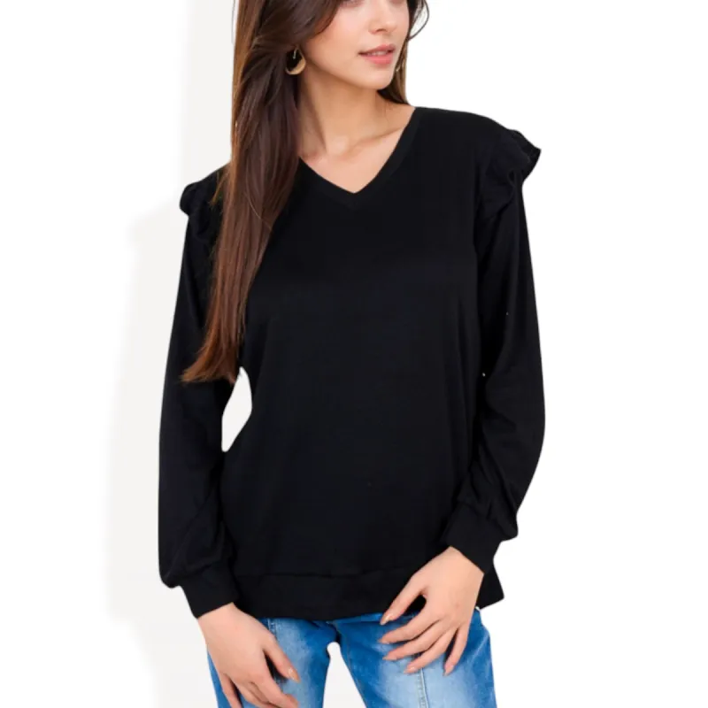 Anna-Kaci Women's Long Sleeve V-Neck Top with Ruffled Shoulder Detail sold by Anna-Kaci