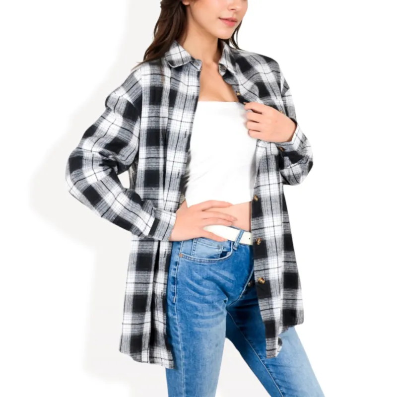 Anna-Kaci Women's Long Sleeve Plaid Button-Up Shirt Jacket with Collared Neckline made by Anna-Kaci