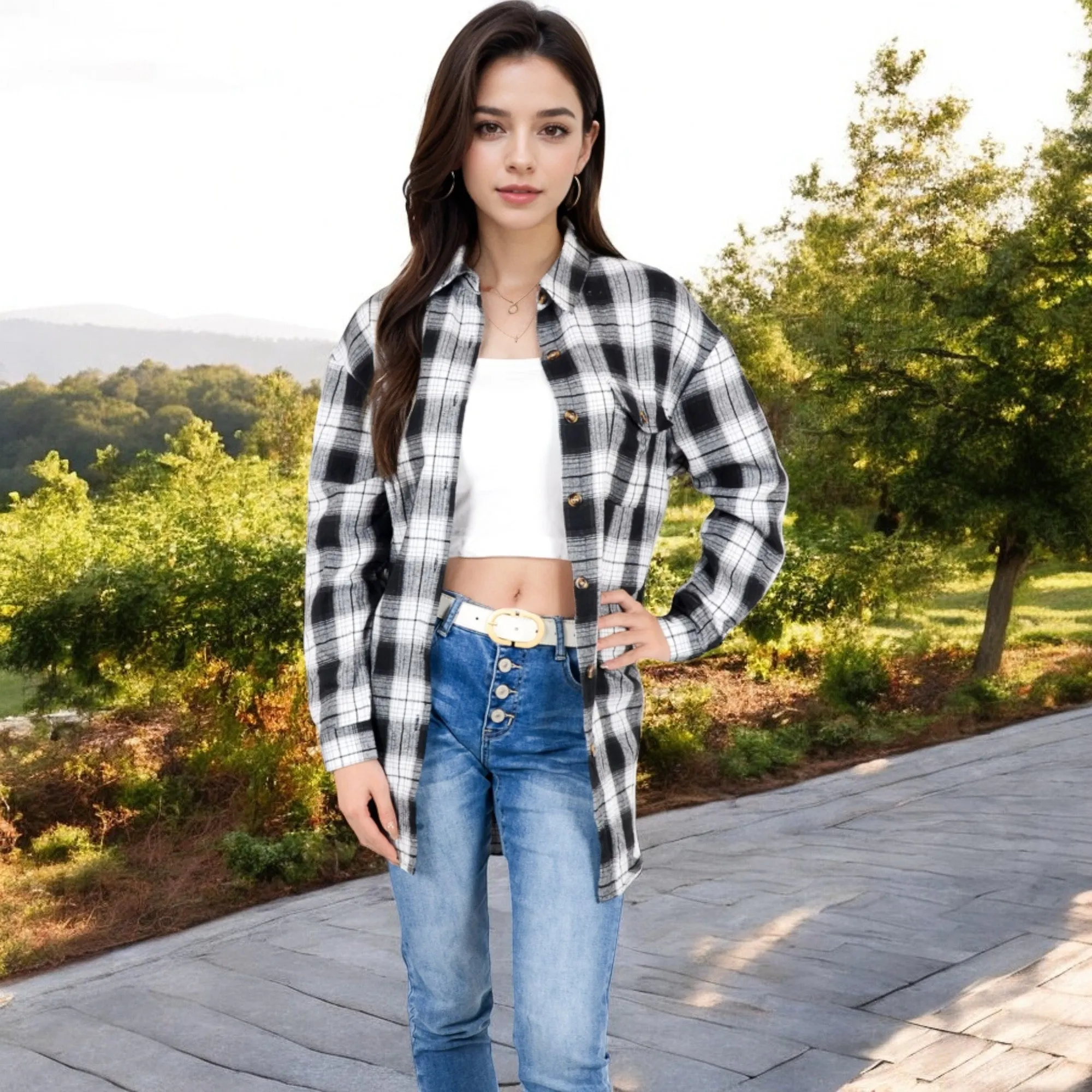 Anna-Kaci Women's Long Sleeve Plaid Button-Up Shirt Jacket with Collared Neckline sold by Anna-Kaci product image thumbnail 2