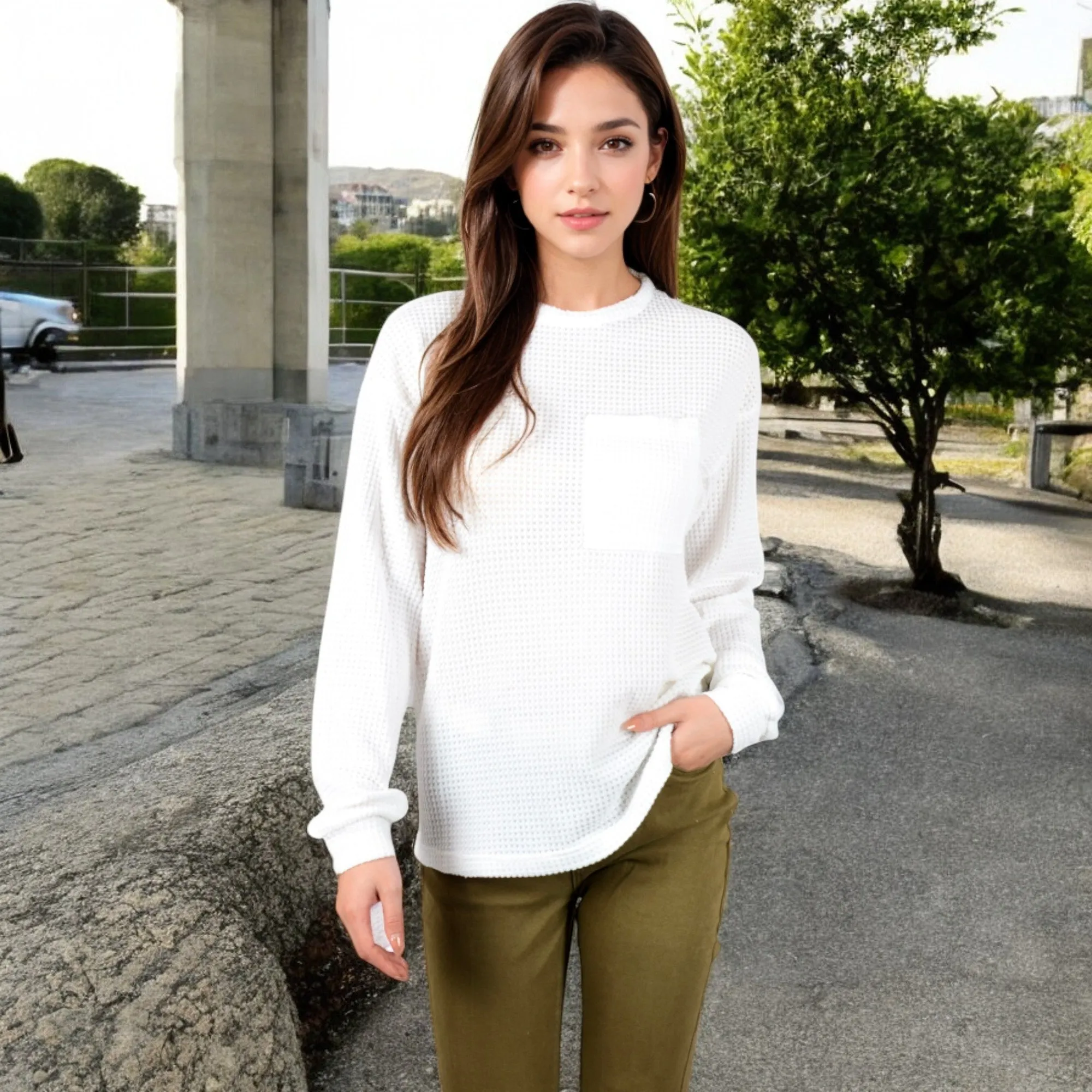 Anna-Kaci Women's Long Sleeve Waffle Knit Top with Front Pocket Detail sold by Anna-Kaci product image thumbnail 4