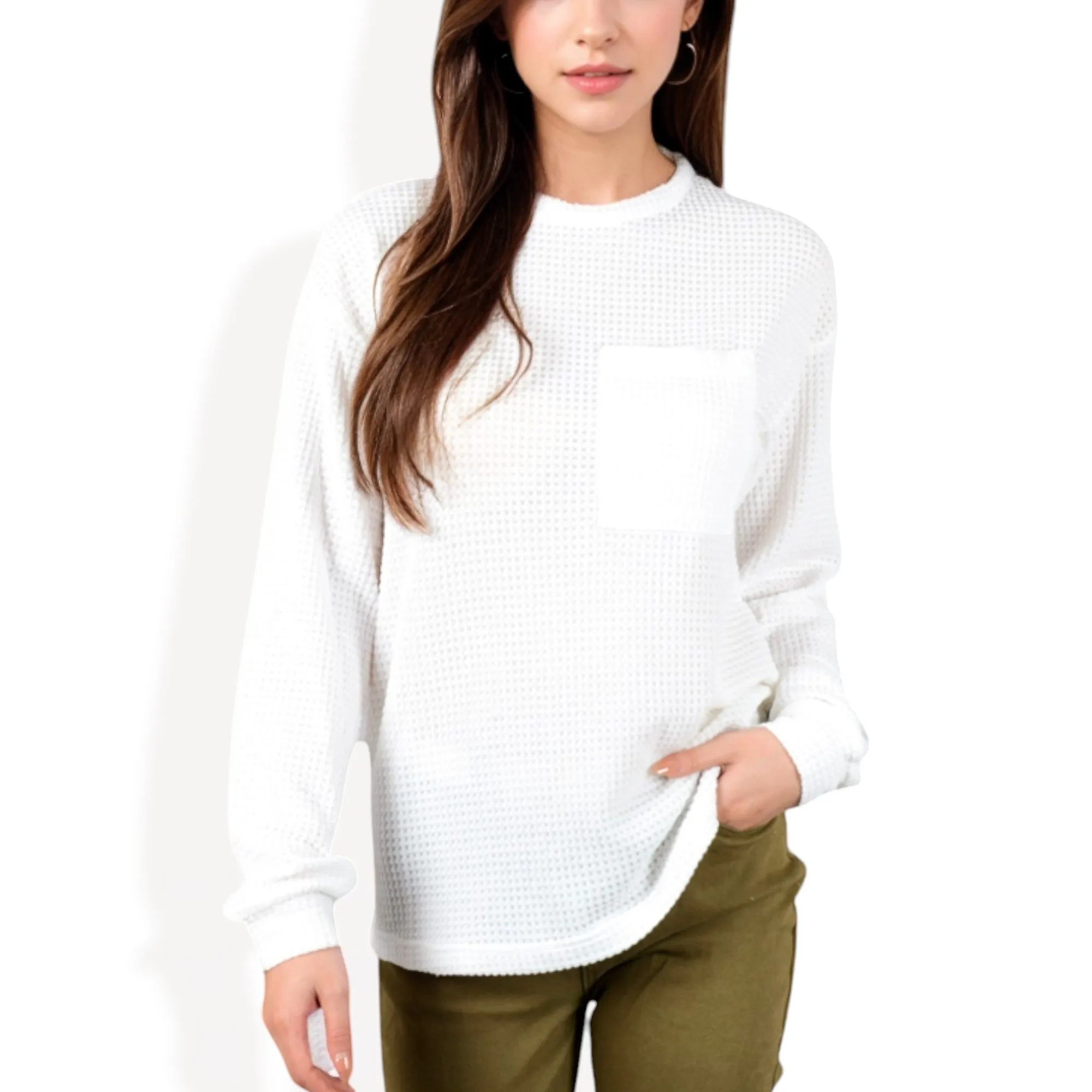 Anna-Kaci Women's Long Sleeve Waffle Knit Top with Front Pocket Detail sold by Anna-Kaci