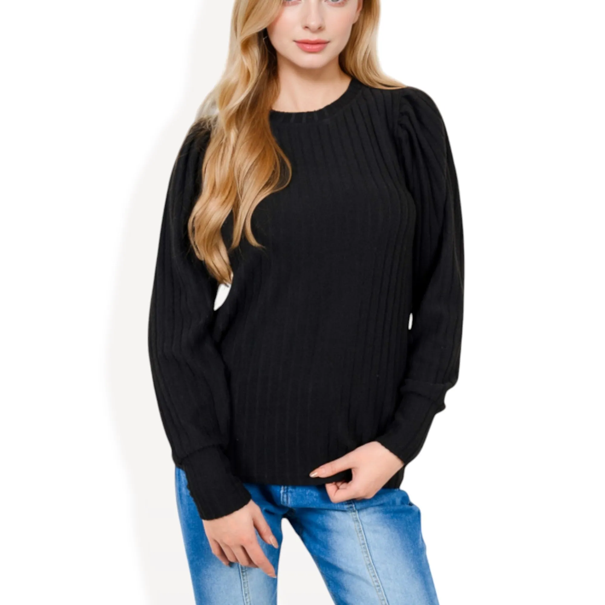 Anna-Kaci Women's Long Sleeve Ribbed Knit Sweater with Gathered Shoulders sold by Anna-Kaci