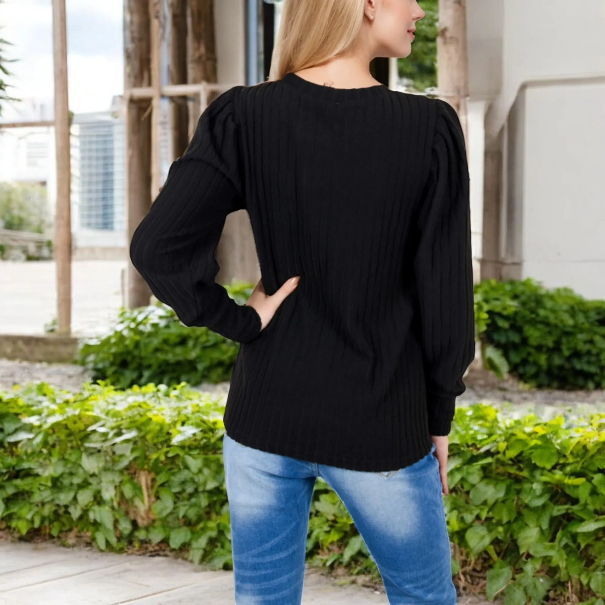 Anna-Kaci Women's Long Sleeve Ribbed Knit Sweater with Gathered Shoulders sold by Anna-Kaci product image thumbnail 5