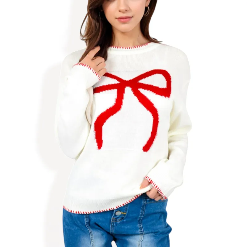 Anna-Kaci Women's Long Sleeve Knit Sweater with Bow Detail and Contrast Stitching sold by Anna-Kaci