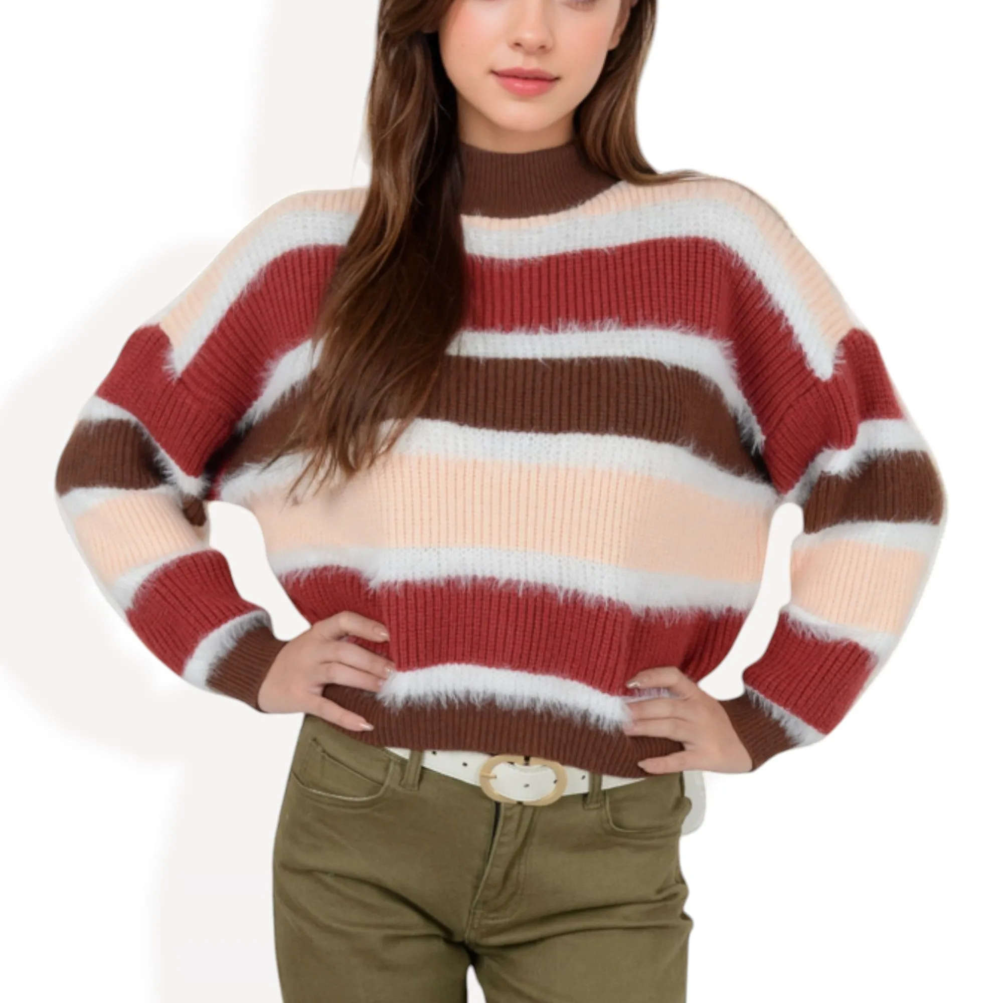 Anna-Kaci Women's Striped Mock Neck Sweater with Color Block Design and Long Sleeves sold by Anna-Kaci