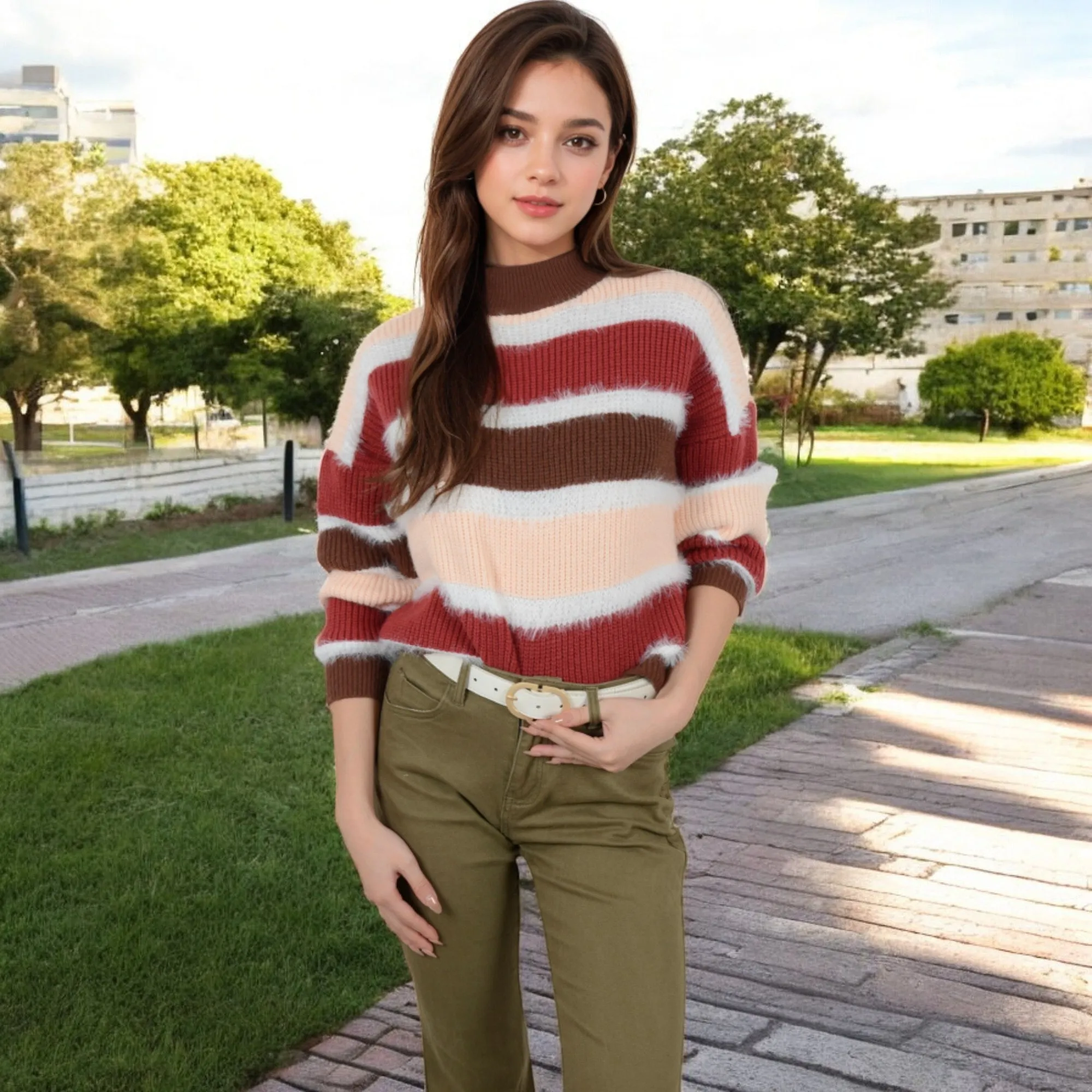 Anna-Kaci Women's Striped Mock Neck Sweater with Color Block Design and Long Sleeves sold by Anna-Kaci product image thumbnail 2