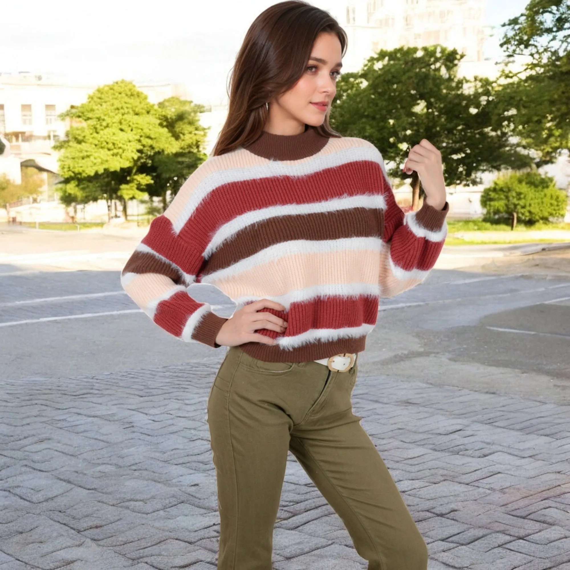 Anna-Kaci Women's Striped Mock Neck Sweater with Color Block Design and Long Sleeves sold by Anna-Kaci product image thumbnail 3