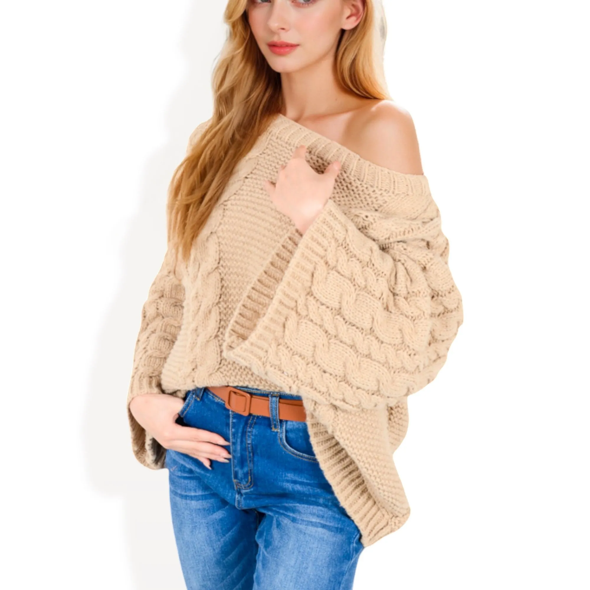 Anna-Kaci Women's Cable Knit Sweater with Long Bell Sleeves sold by Anna-Kaci