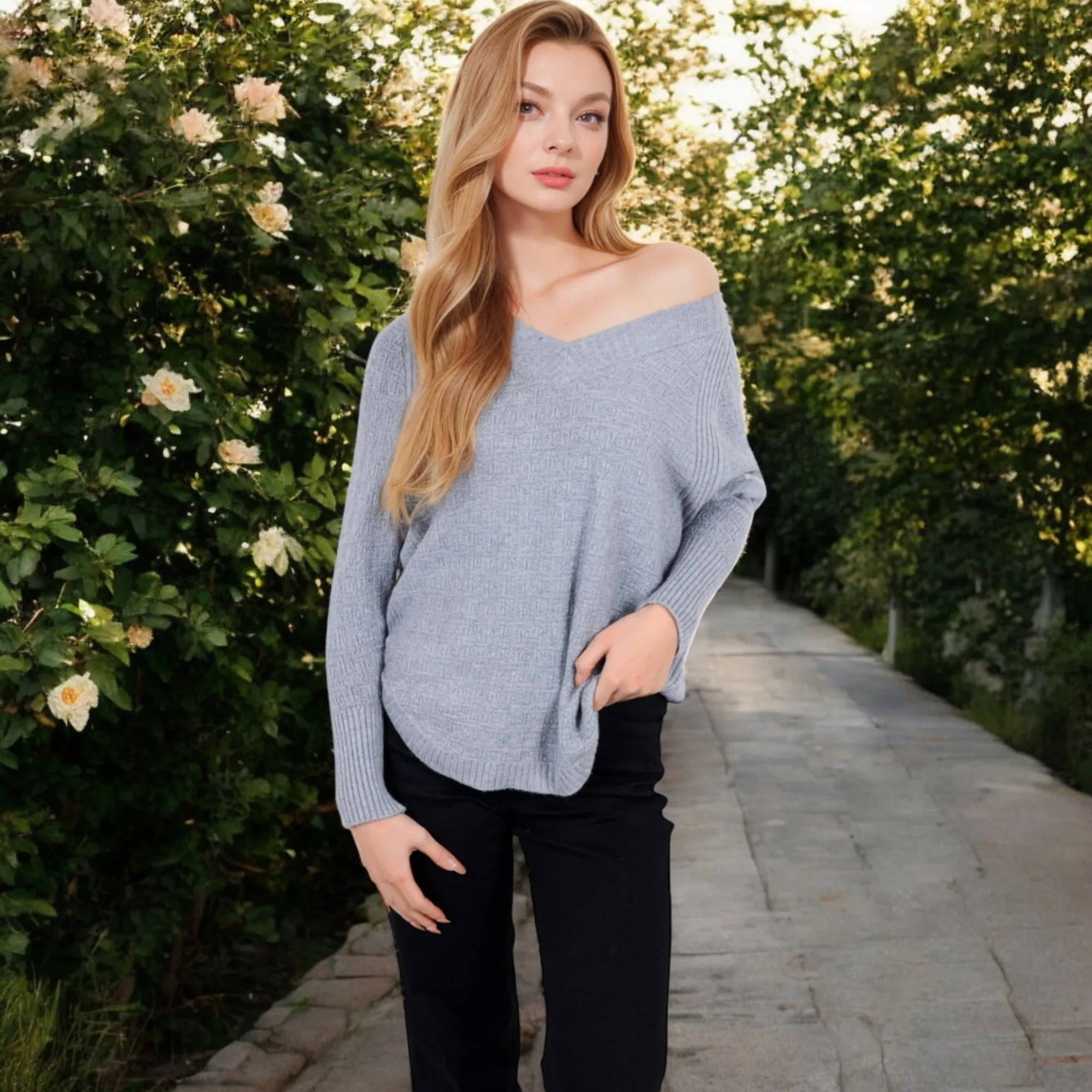 Anna-Kaci Women's Textured Knit Sweater with V-Neckline and Ribbed Sleeves sold by Anna-Kaci product image thumbnail 4