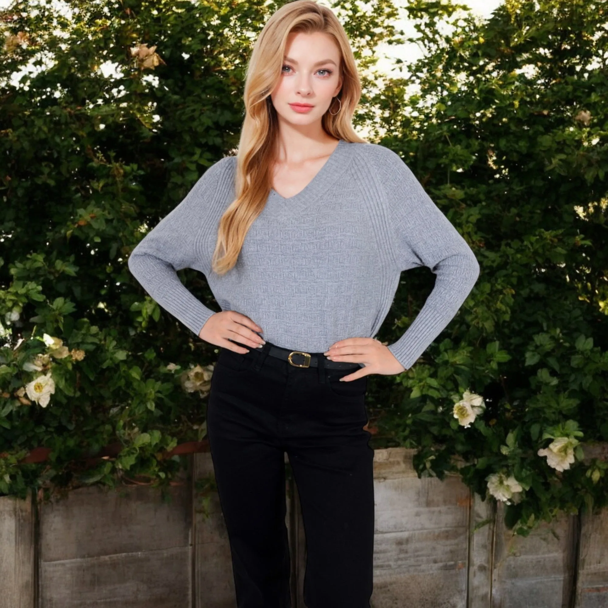 Anna-Kaci Women's Textured Knit Sweater with V-Neckline and Ribbed Sleeves sold by Anna-Kaci product image thumbnail 2