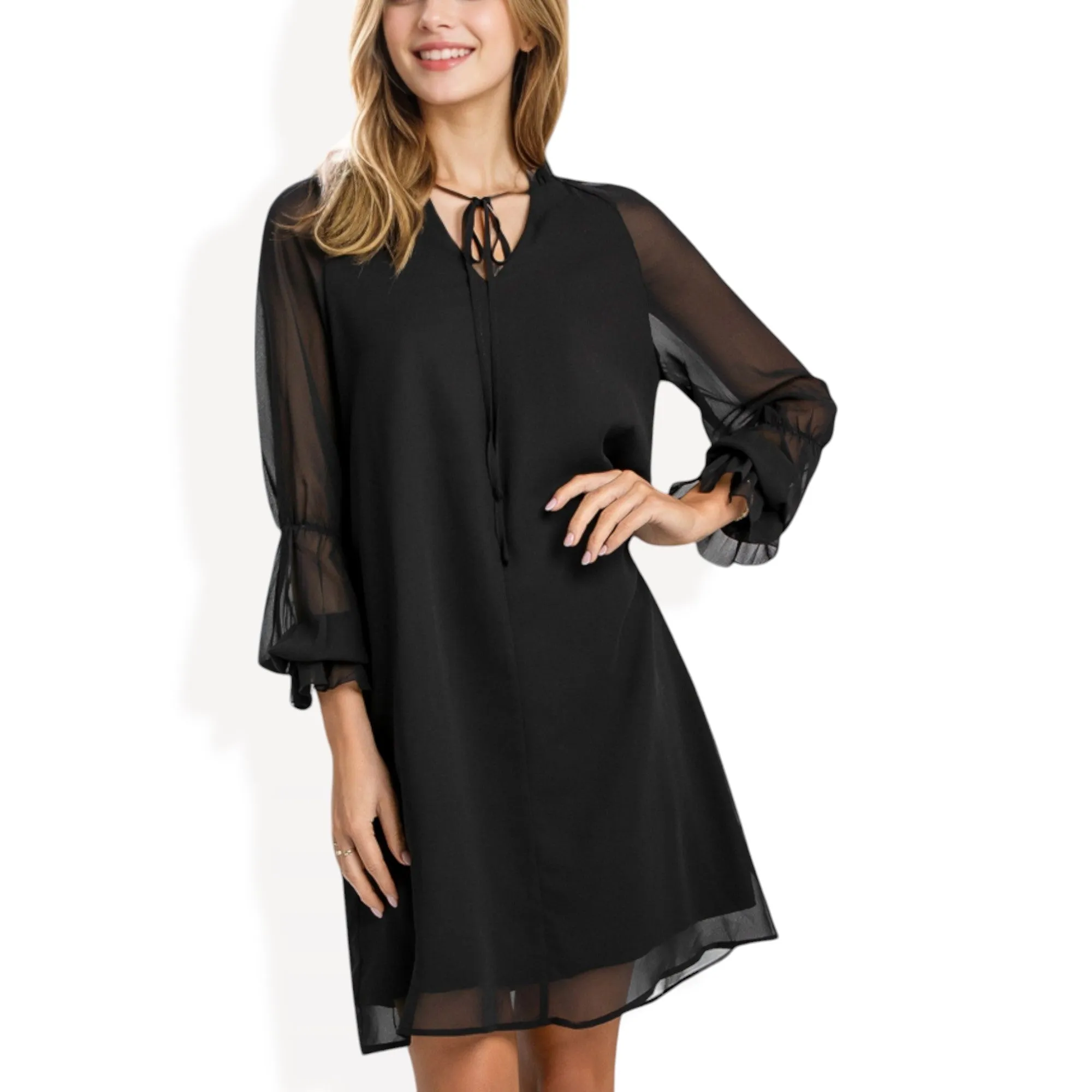 Anna-Kaci Women's A-Line Chiffon Dress with Sheer Sleeves and Tie Neck Detail sold by Anna-Kaci