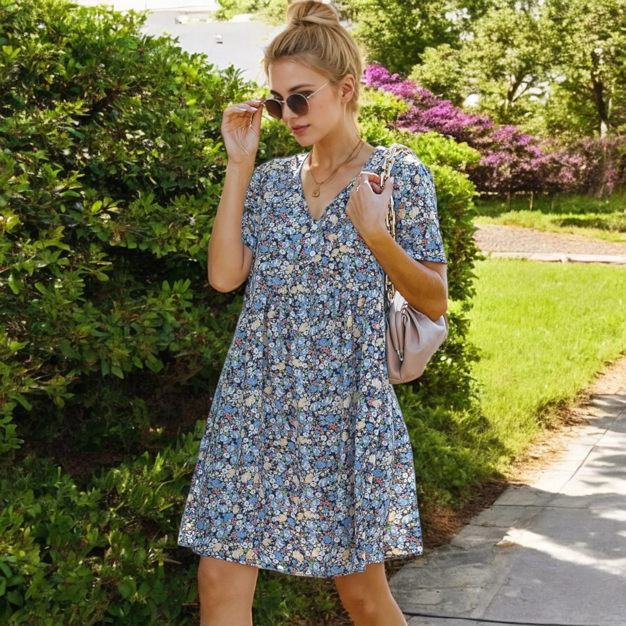 Anna-Kaci Women's Short Sleeve V-Neck Floral Print Swing Dress with Relaxed Fit sold by Anna-Kaci product image thumbnail 4