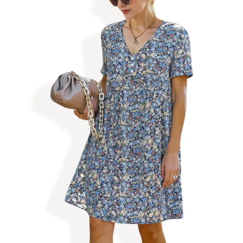 Anna-Kaci Women's Short Sleeve V-Neck Floral Print Swing Dress with Relaxed Fit sold by Anna-Kaci