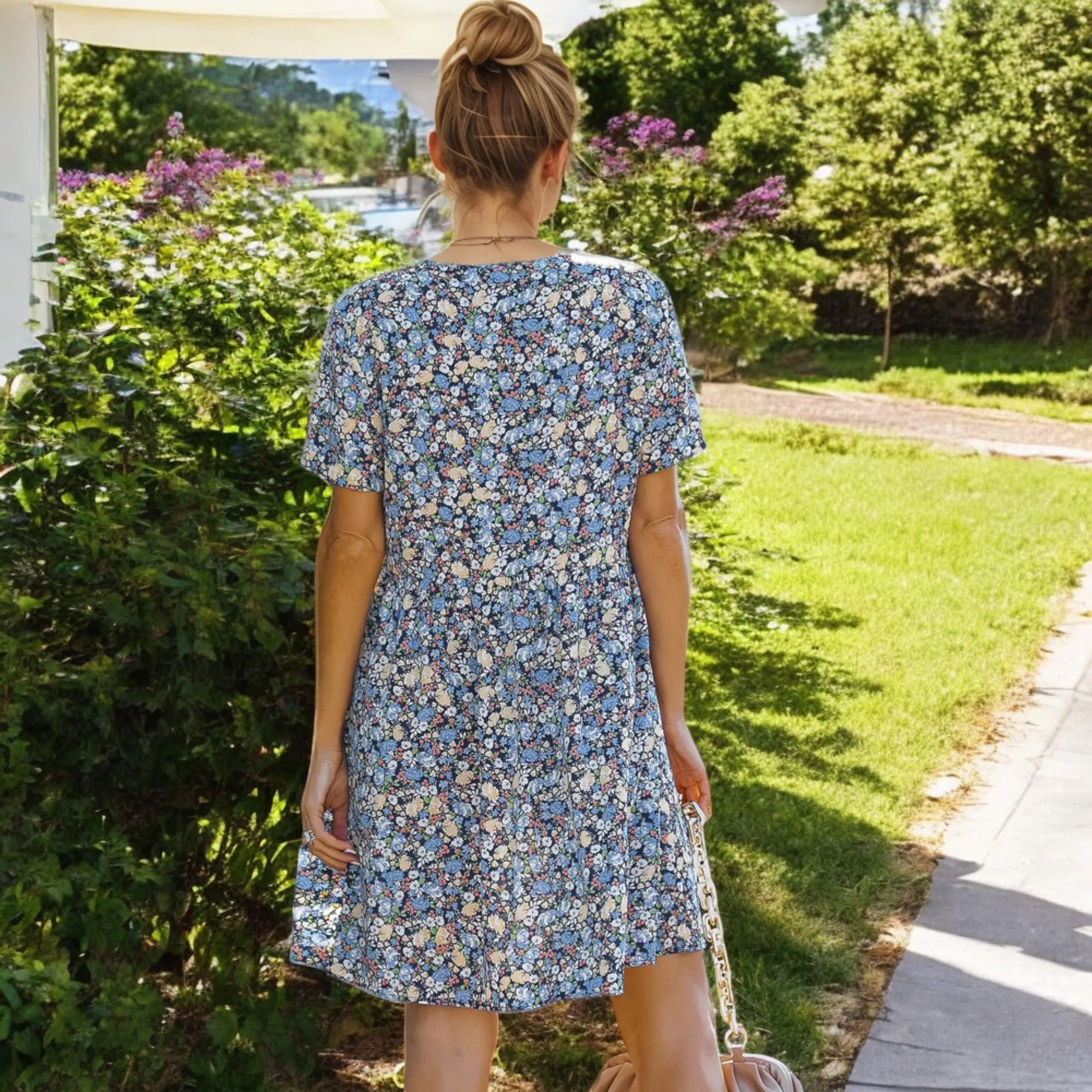 Anna-Kaci Women's Short Sleeve V-Neck Floral Print Swing Dress with Relaxed Fit sold by Anna-Kaci product image thumbnail 5