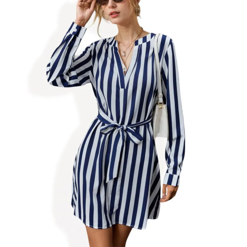 Anna-Kaci Women's Long Sleeve Striped Mini Dress with Tie Waist sold by Anna-Kaci