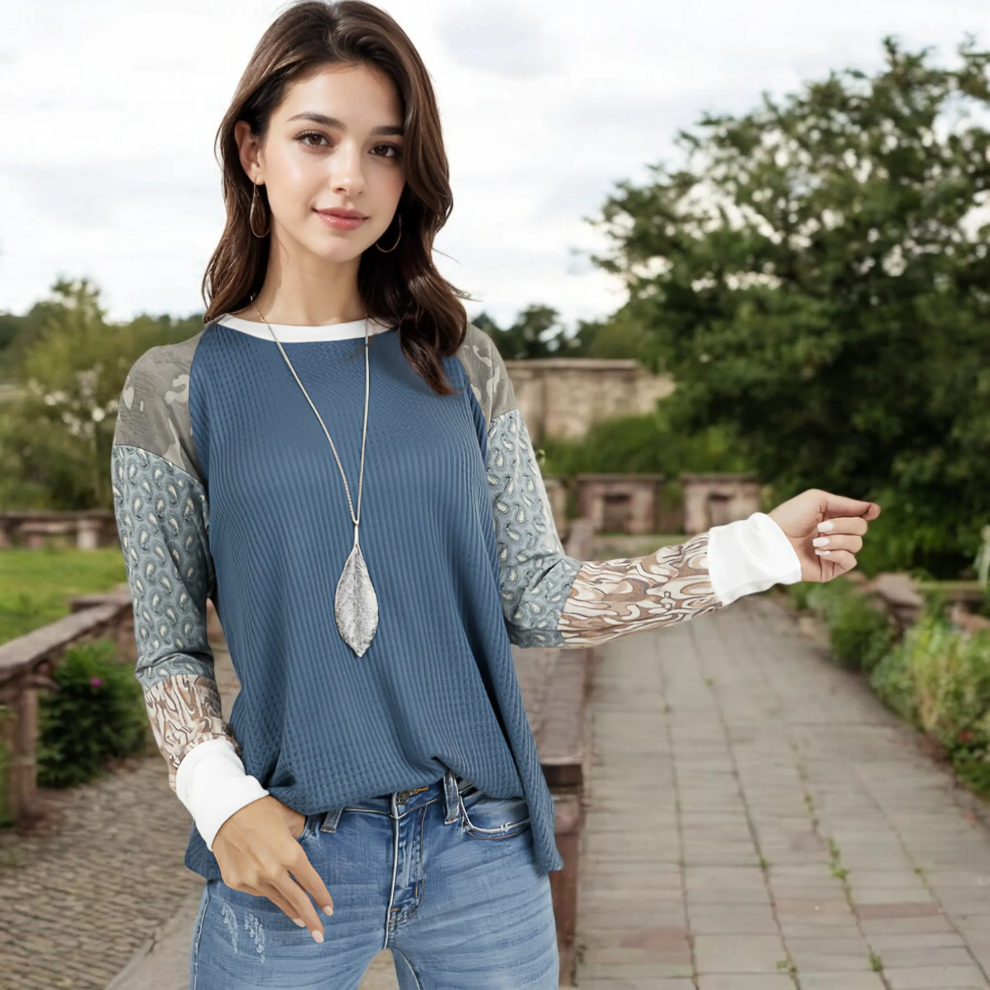 Anna-Kaci Women's Mixed Print Long Sleeve Waffle Knit Top with Contrast Sleeves sold by Anna-Kaci product image thumbnail 3