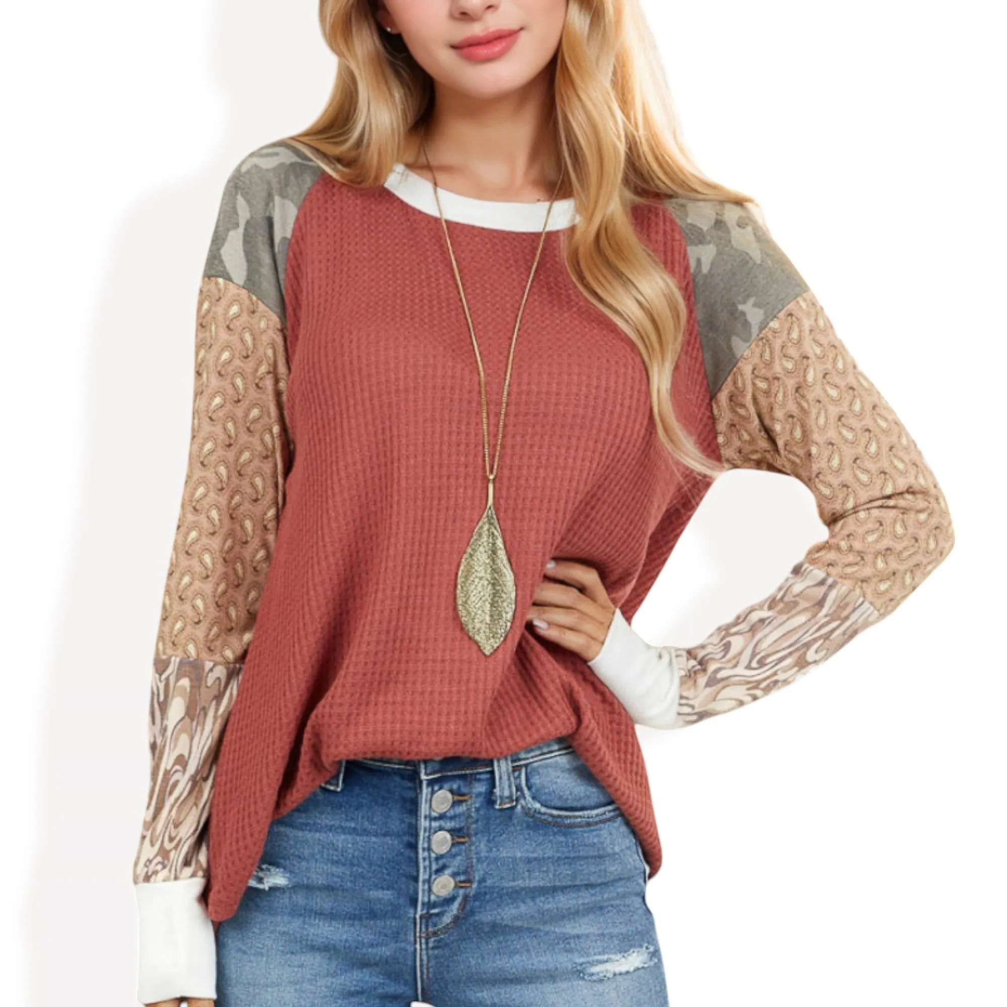 Anna-Kaci Women's Mixed Print Long Sleeve Waffle Knit Top with Contrast Sleeves sold by Anna-Kaci product image thumbnail 4