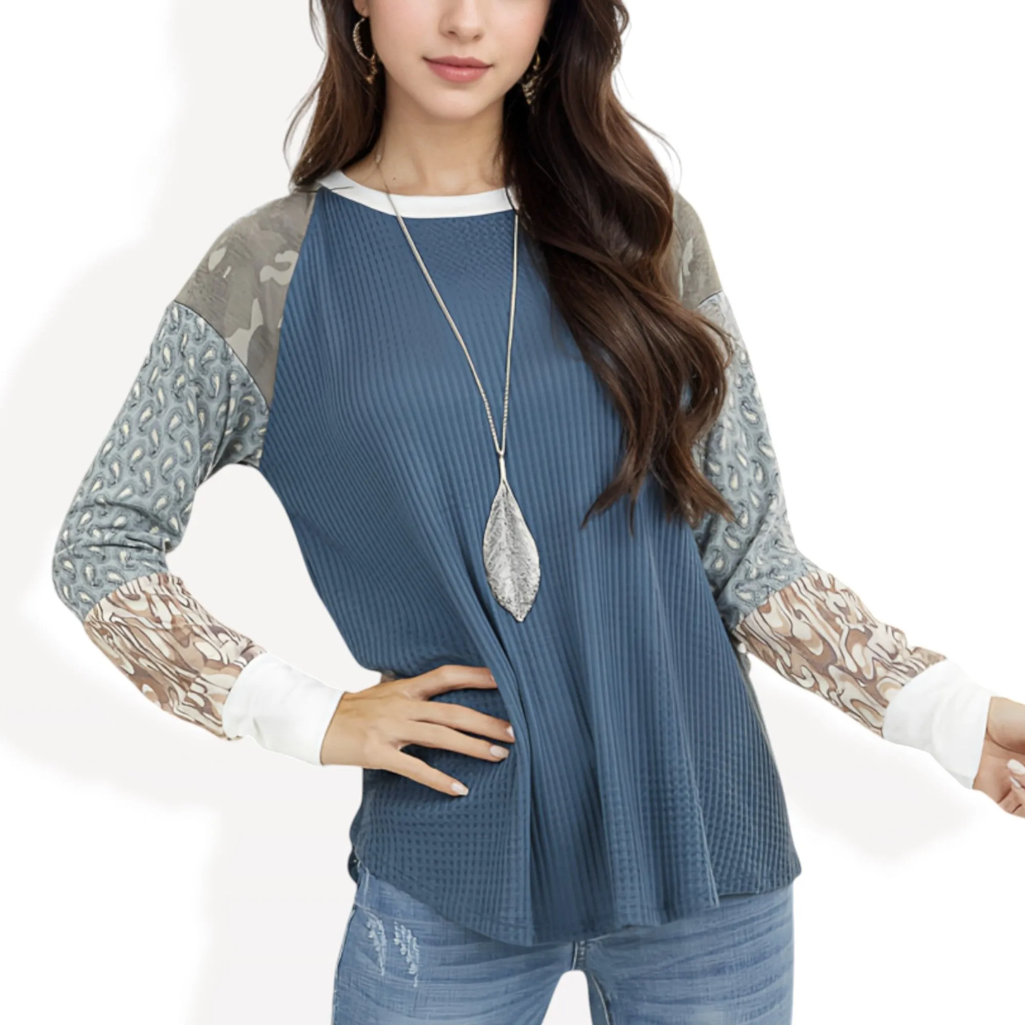 Anna-Kaci Women's Mixed Print Long Sleeve Waffle Knit Top with Contrast Sleeves sold by Anna-Kaci