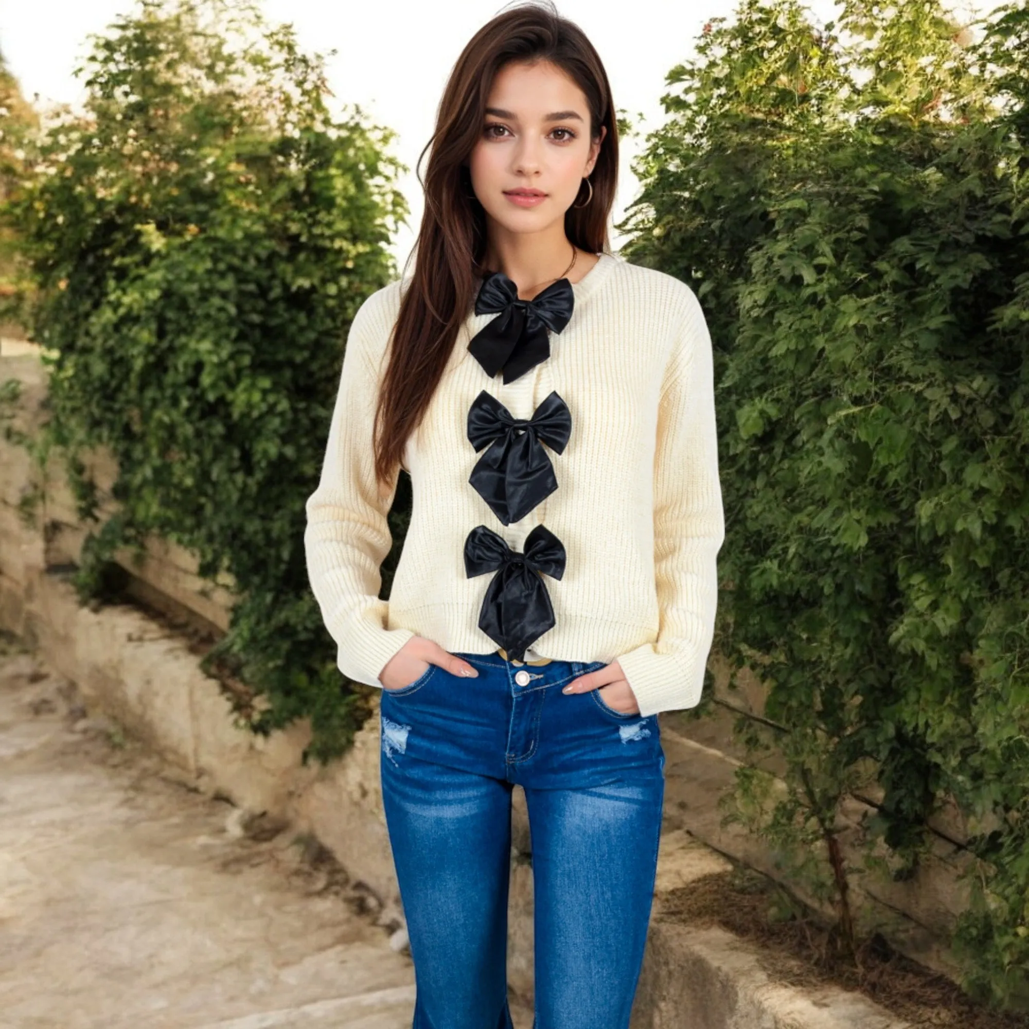 Anna-Kaci Women's Open Front Cardigan with Bow Detail and Relaxed Fit sold by Anna-Kaci product image thumbnail 2