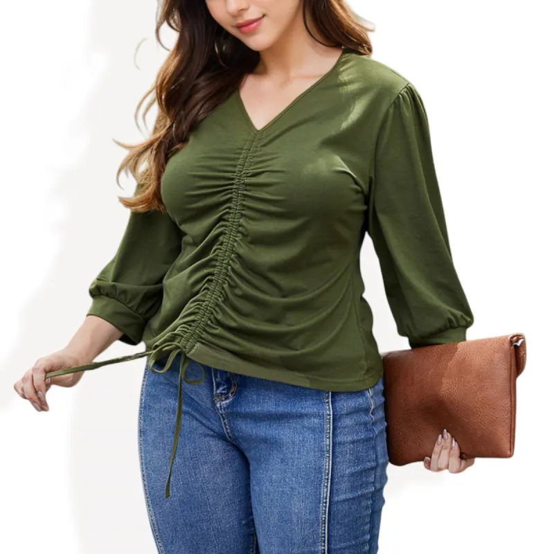 Anna-Kaci Women's Long Sleeve Blouse with V-Neck and Drawstring Detail sold by Anna-Kaci