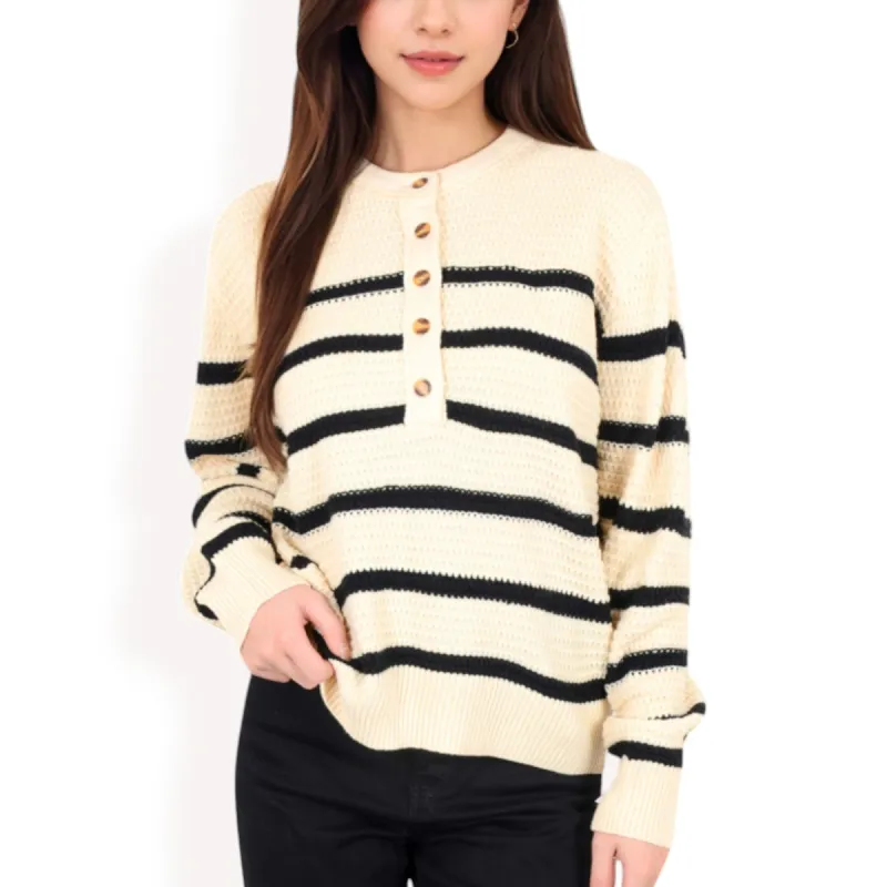 Anna-Kaci Women's Striped Waffle Knit Pullover with Button Down Collar sold by Anna-Kaci