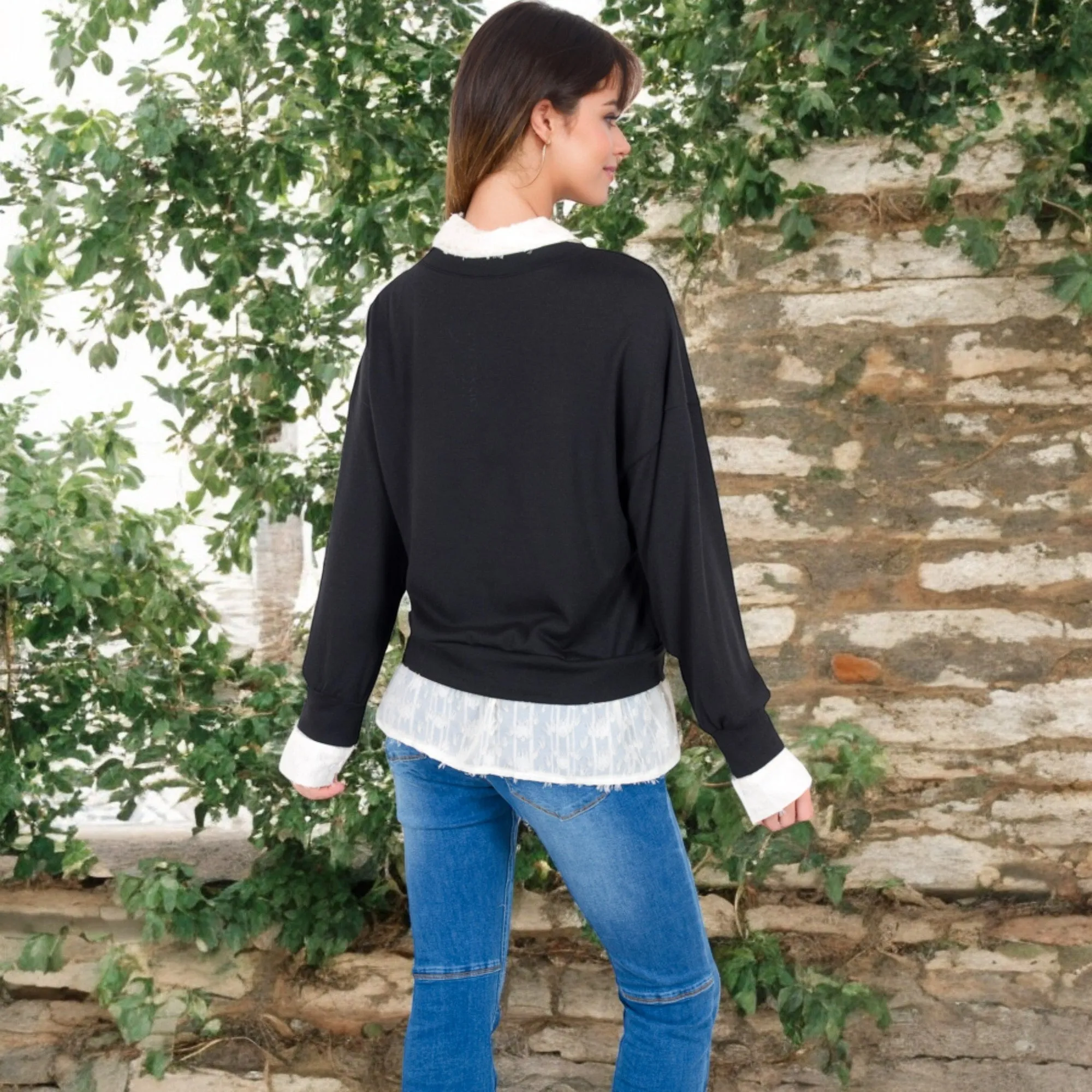 Anna-Kaci Women's V-Neck Top with White Lace Trim and Button Cuffs sold by Anna-Kaci product image thumbnail 5