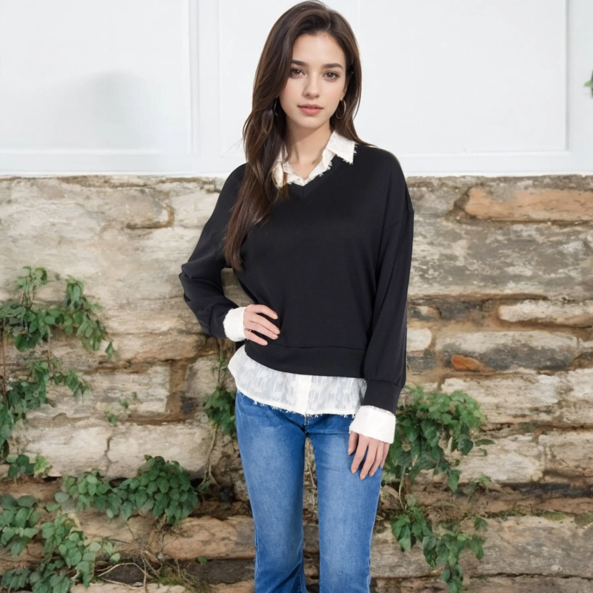 Anna-Kaci Women's V-Neck Top with White Lace Trim and Button Cuffs sold by Anna-Kaci product image thumbnail 2