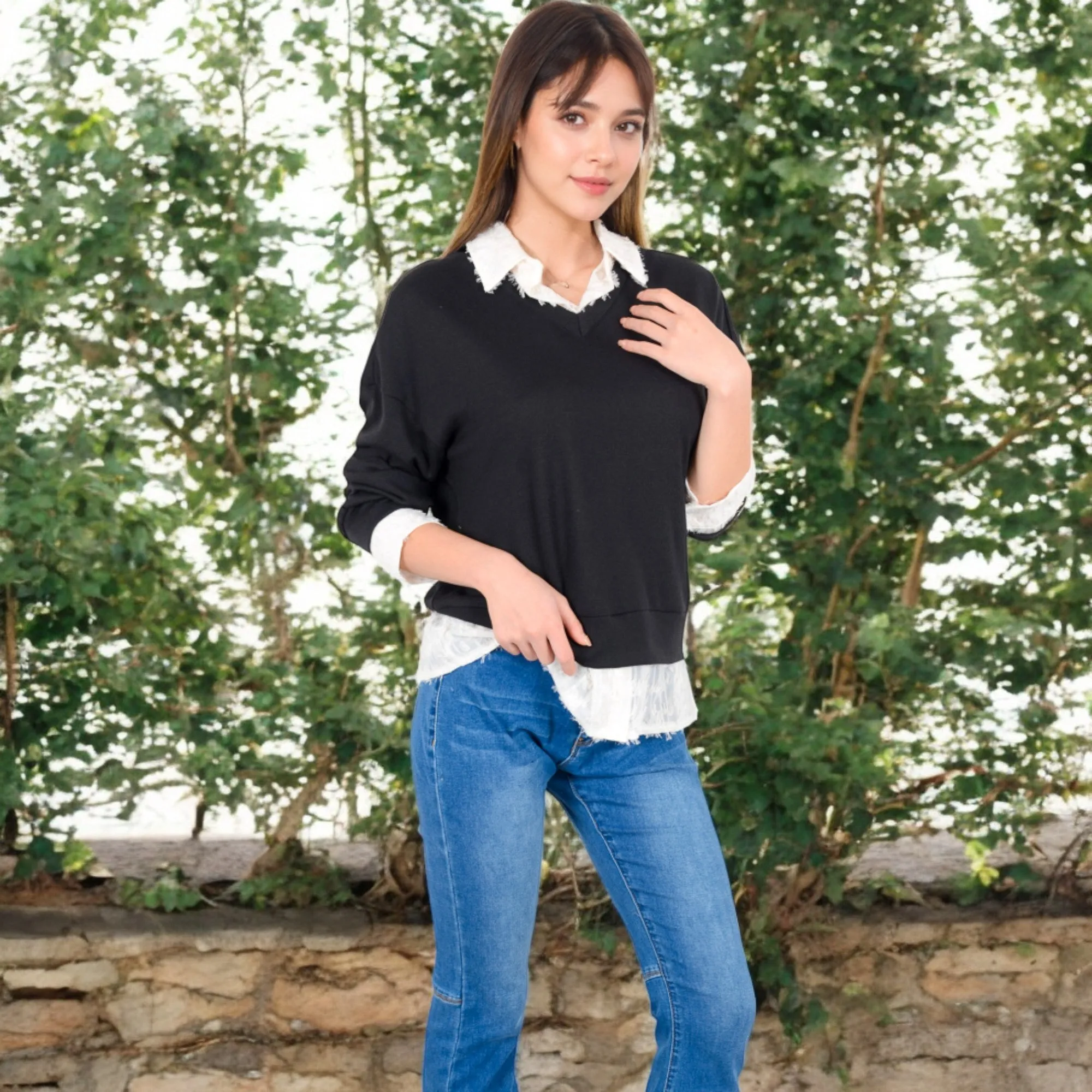 Anna-Kaci Women's V-Neck Top with White Lace Trim and Button Cuffs sold by Anna-Kaci product image thumbnail 3