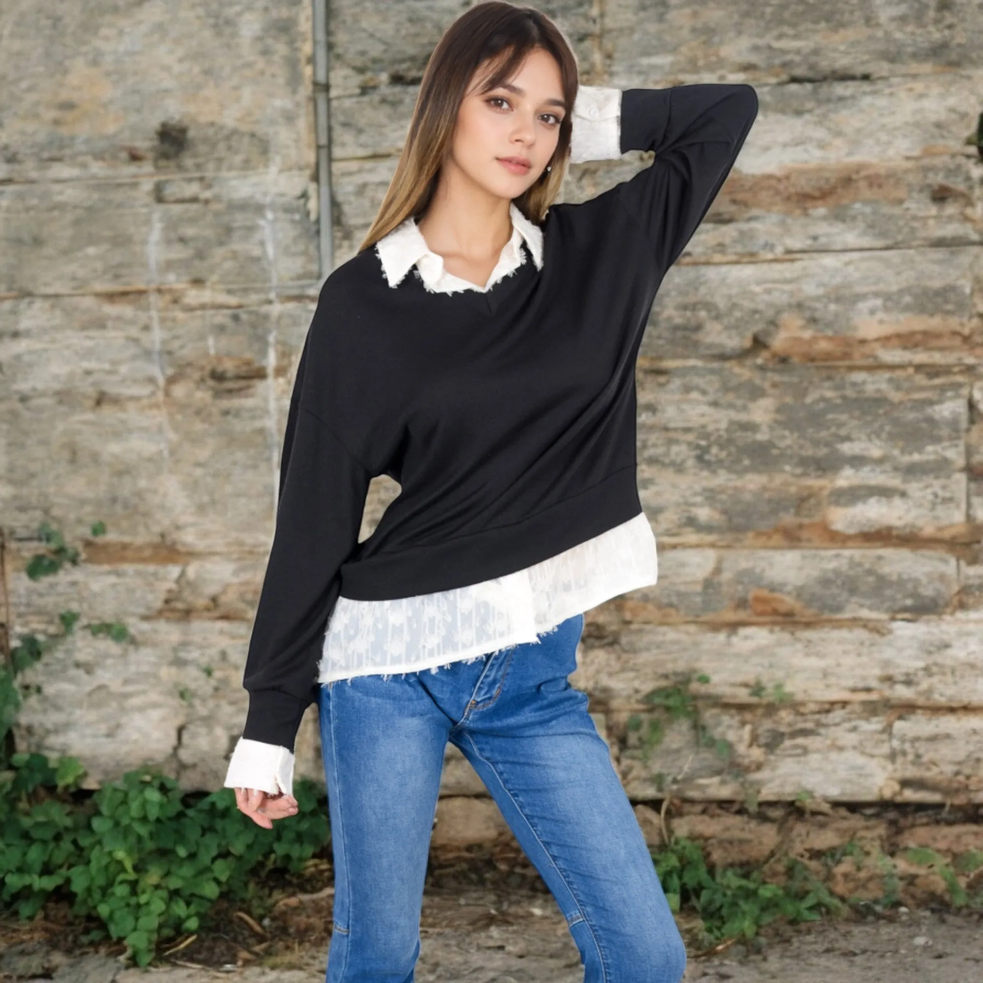 Anna-Kaci Women's V-Neck Top with White Lace Trim and Button Cuffs sold by Anna-Kaci product image thumbnail 4