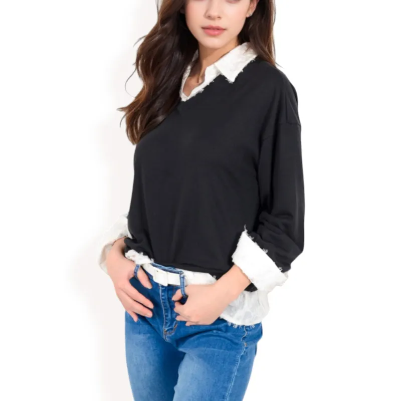 Anna-Kaci Women's V-Neck Top with White Lace Trim and Button Cuffs sold by Anna-Kaci