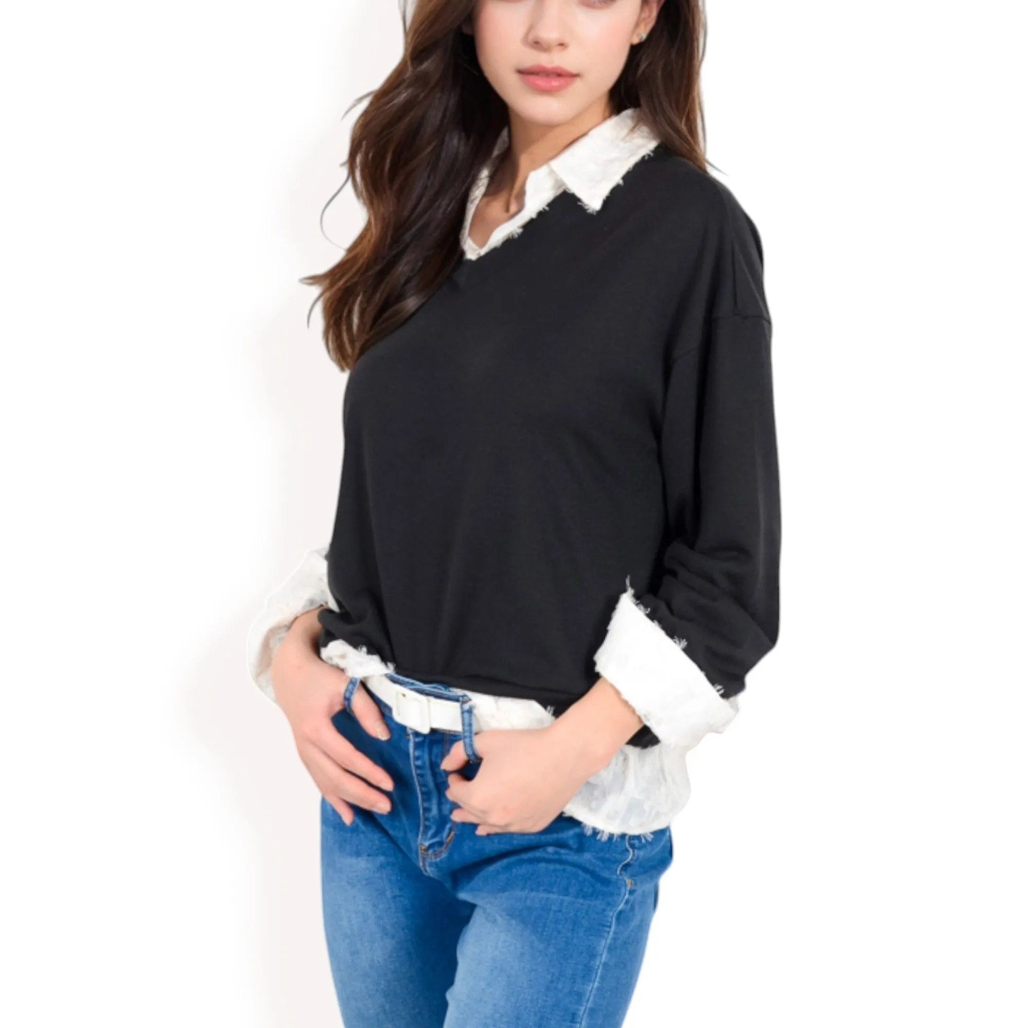 Anna-Kaci Women's V-Neck Top with White Lace Trim and Button Cuffs sold by Anna-Kaci