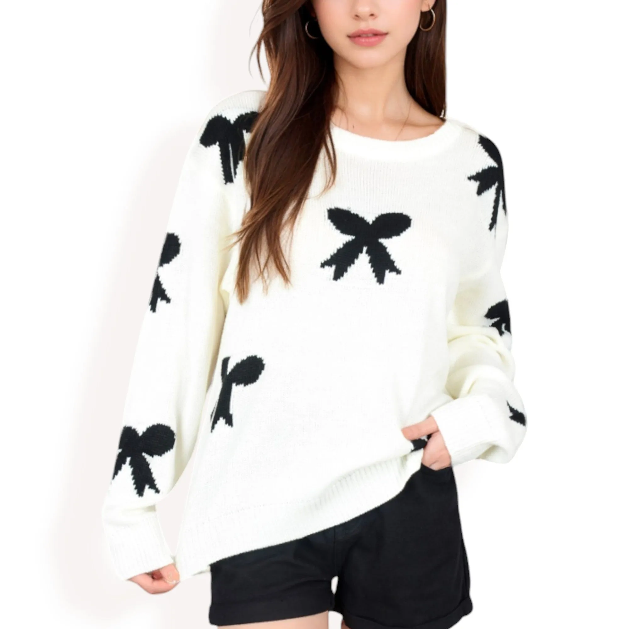 Anna-Kaci Women's Knit Sweater with Black Bow Pattern Long Sleeves sold by Anna-Kaci