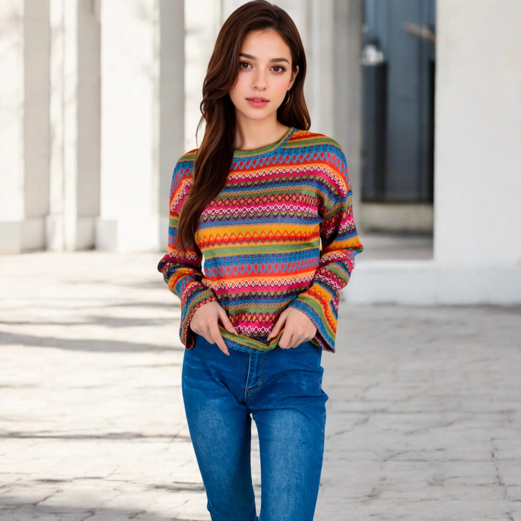 Anna-Kaci Women's Multi-Color Striped Knit Sweater with Long Sleeves and Crew Neck sold by Anna-Kaci product image thumbnail 2