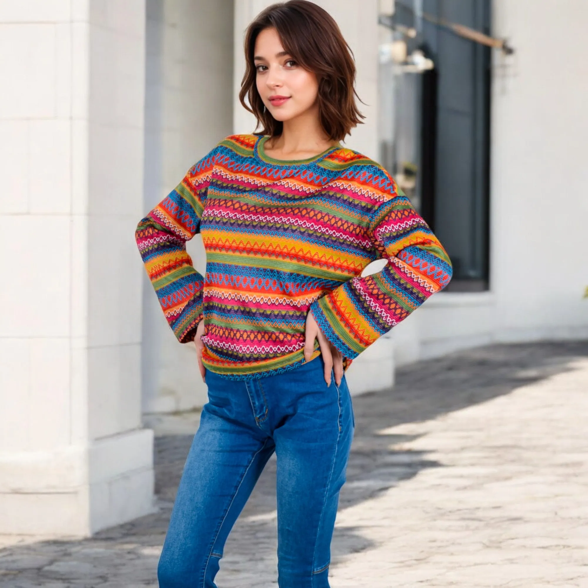 Anna-Kaci Women's Multi-Color Striped Knit Sweater with Long Sleeves and Crew Neck sold by Anna-Kaci product image thumbnail 3