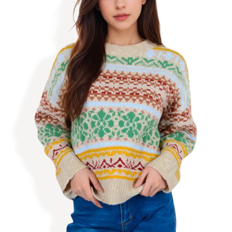 Anna-Kaci Women's Multi-Color Fair Isle Knit Sweater with Crew Neck and Long Sleeves sold by Anna-Kaci