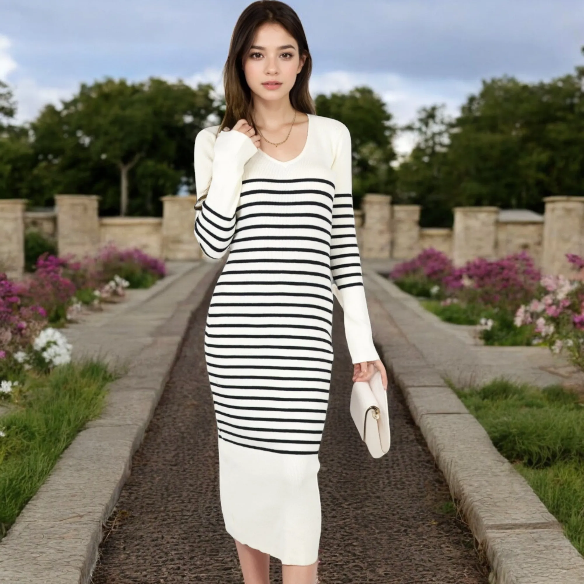 Anna-Kaci Women's Striped Knit Midi Dress with Long Sleeves and Ribbed Texture sold by Anna-Kaci product image thumbnail 4