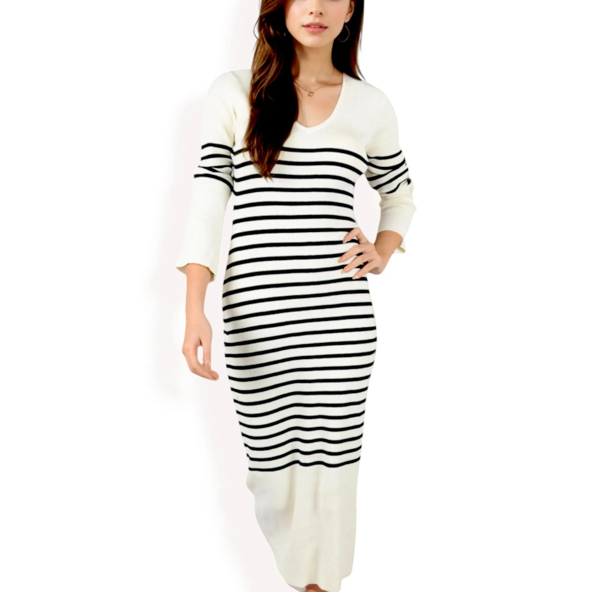 Anna-Kaci Women's Striped Knit Midi Dress with Long Sleeves and Ribbed Texture sold by Anna-Kaci