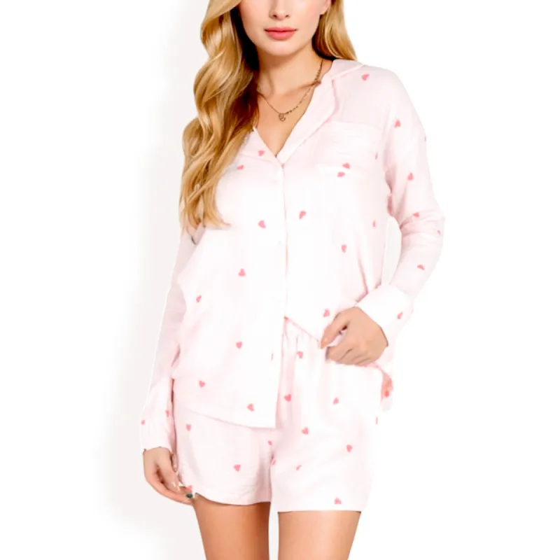 Anna-Kaci Women's Heart Print 2-Piece Pajama Set with Long Sleeve Button-Up Shirt and Relaxed Fit Elastic Waist Shorts sold by Anna-Kaci