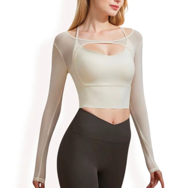 Anna-Kaci Women's Long Sleeve Mesh Cropped Activewear Top with Cutout Detail and Sheer Sleeves sold by Anna-Kaci