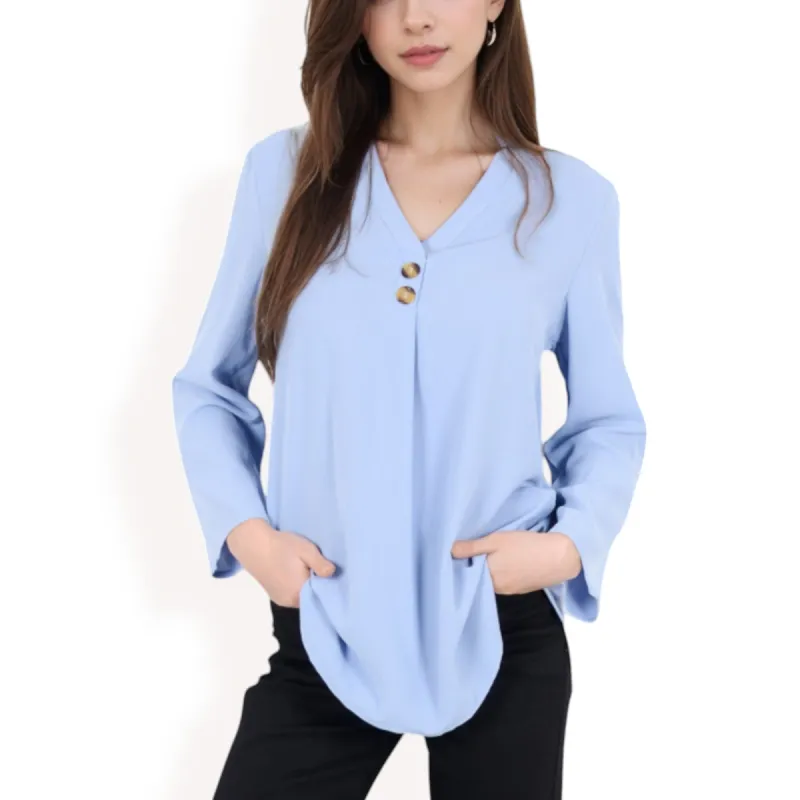 Anna-Kaci Women's V-Neck Blouse with Button Detail and Rolled Sleeves sold by Anna-Kaci