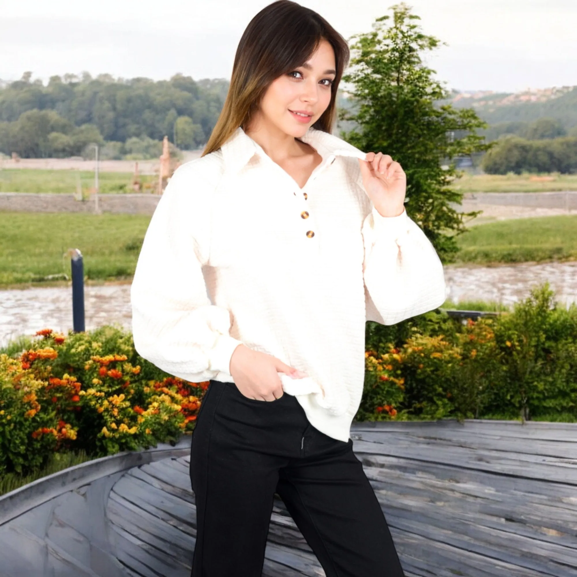 Anna-Kaci Women's Waffle Knit Pullover with Button-Down Collar and Balloon Sleeves sold by Anna-Kaci product image thumbnail 3