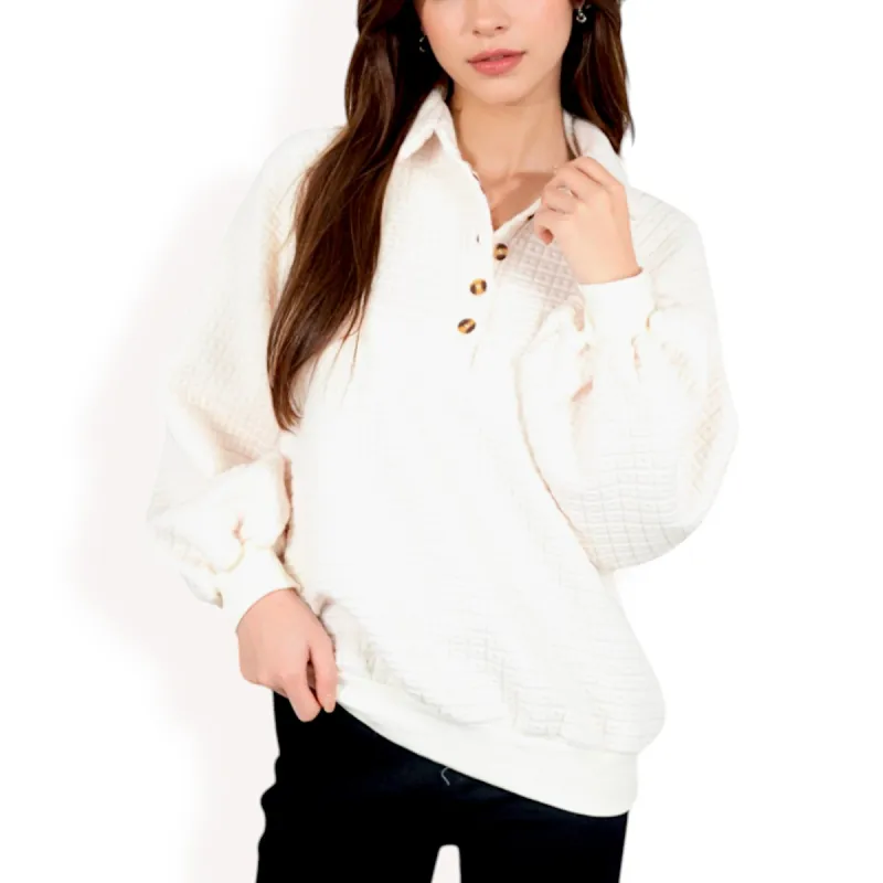 Anna-Kaci Women's Waffle Knit Pullover with Button-Down Collar and Balloon Sleeves sold by Anna-Kaci