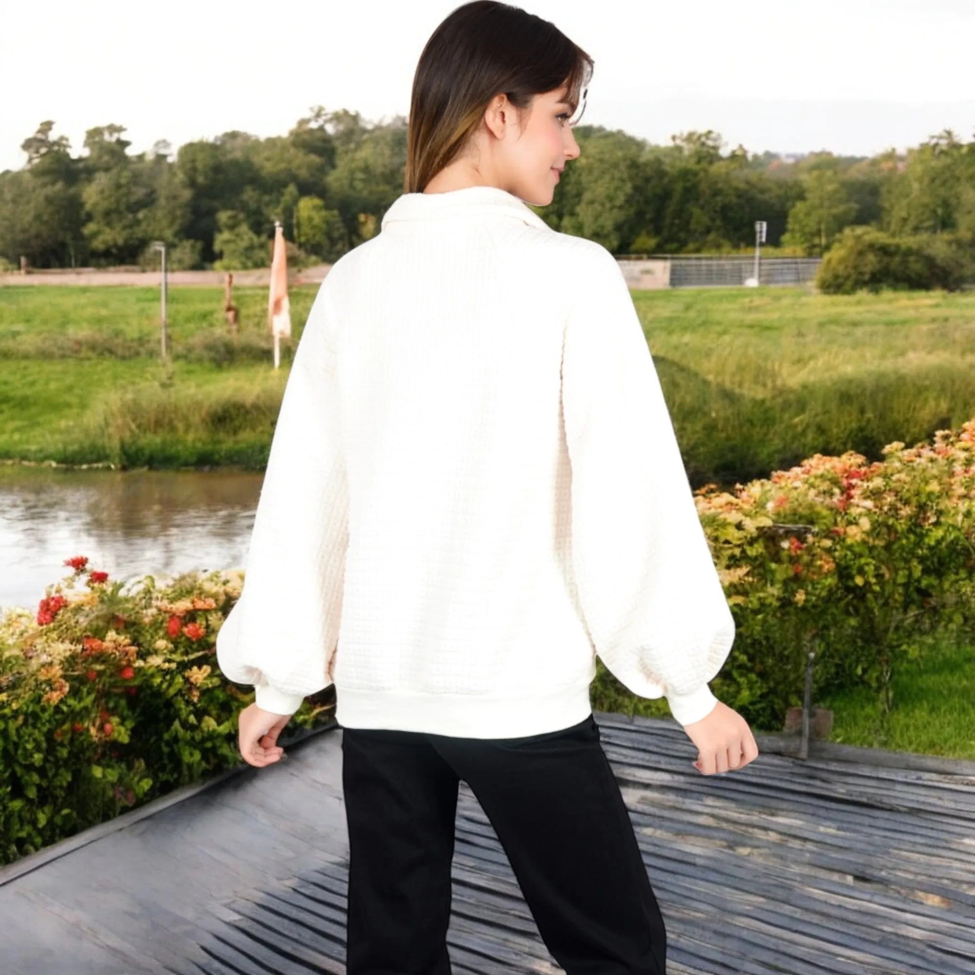 Anna-Kaci Women's Waffle Knit Pullover with Button-Down Collar and Balloon Sleeves sold by Anna-Kaci product image thumbnail 5