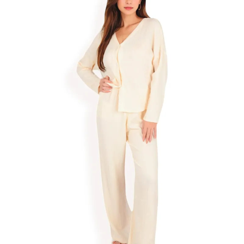 Anna-Kaci Women's Solid Color 2-Piece Pajama Set with Long Sleeve V-Neck Top and Relaxed Fit Wide-Leg Pants sold by Anna-Kaci